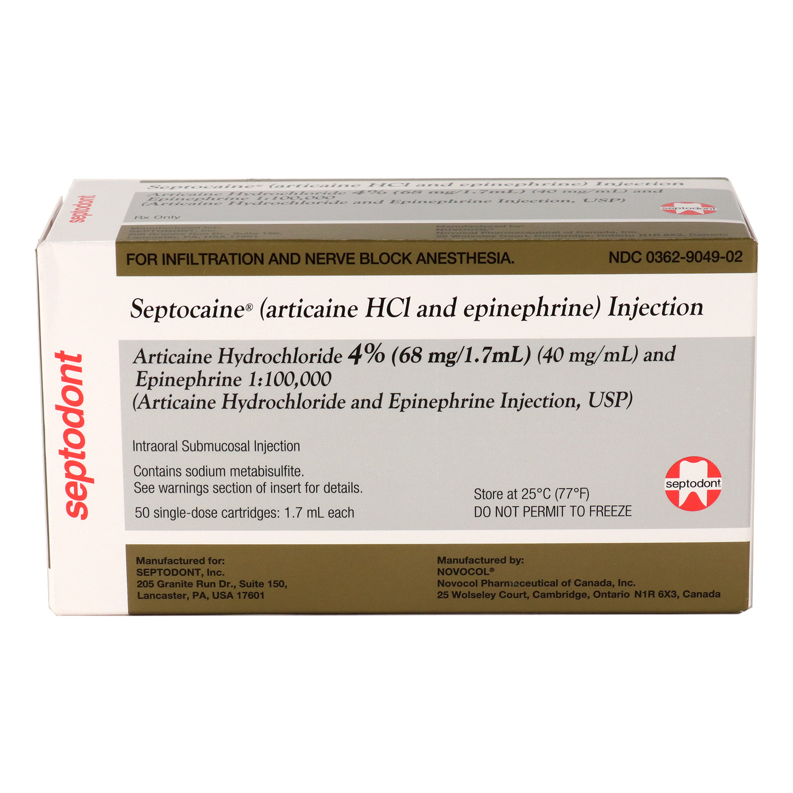 50pcs Septocaine® Gold Articaine w/Epinephrine 1:100,000 HCl 4%