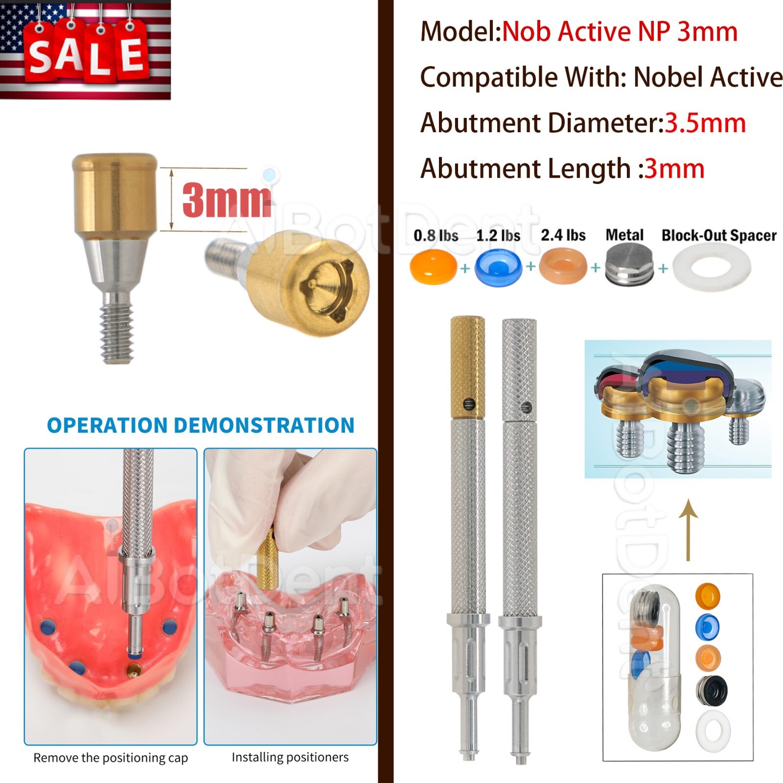 US Dental Nobel NP-NA353 Implant Attachment Abutment Male Caps Kit 3.0mm PEEK