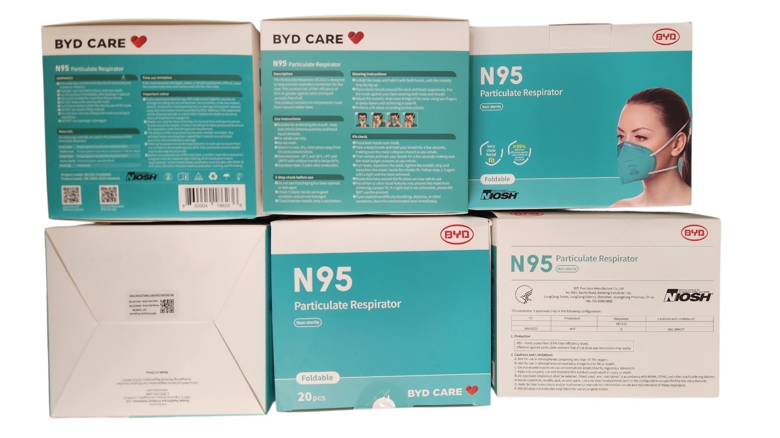 NEBYD Niosh N95 Respirator – 20 Pack -Lot of 6 Boxes- Total 120 masks New Sealed