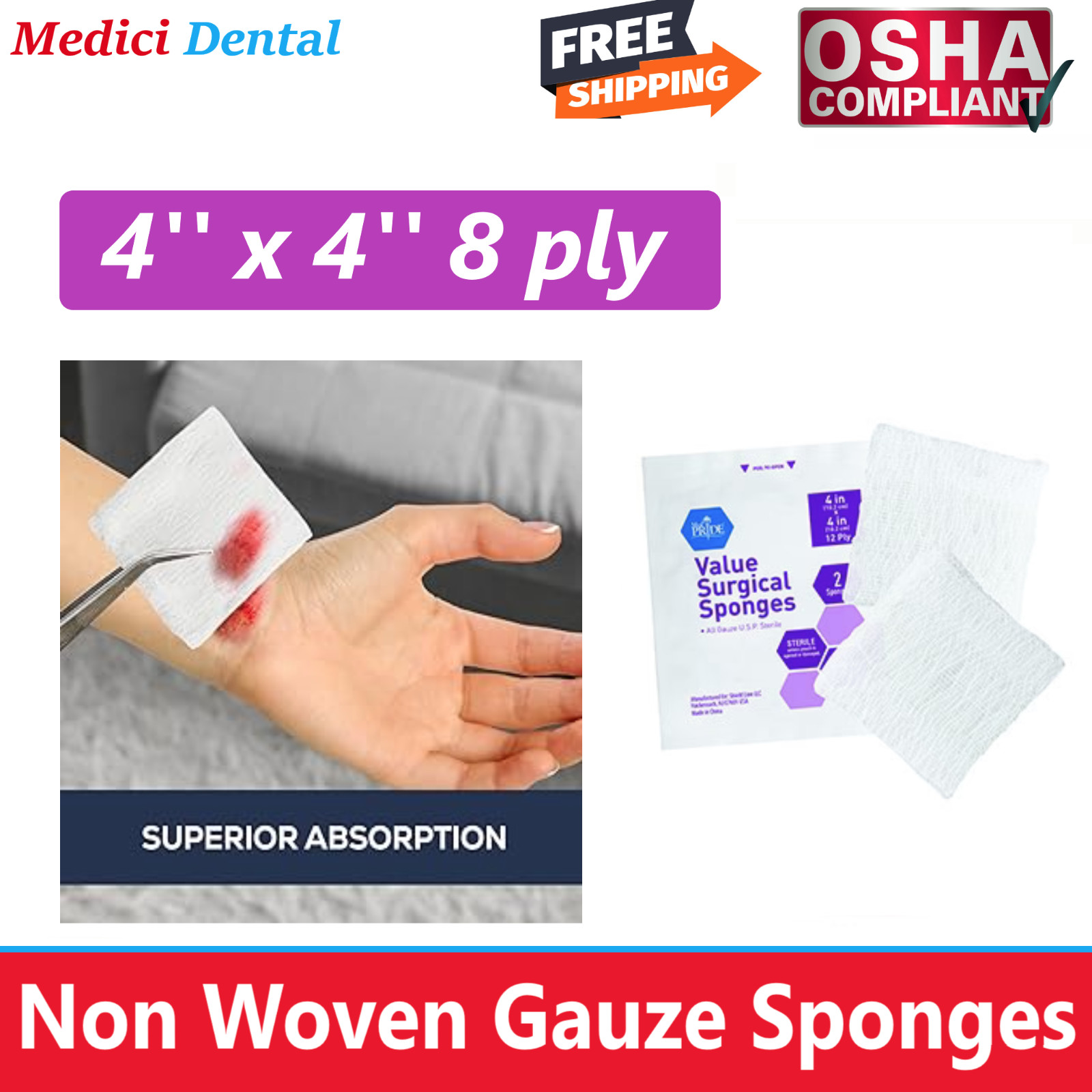4×4 Non Woven Sponges 8-Ply, Non-Sterile Cotton Dental Surgical Gauze (200 Pack)