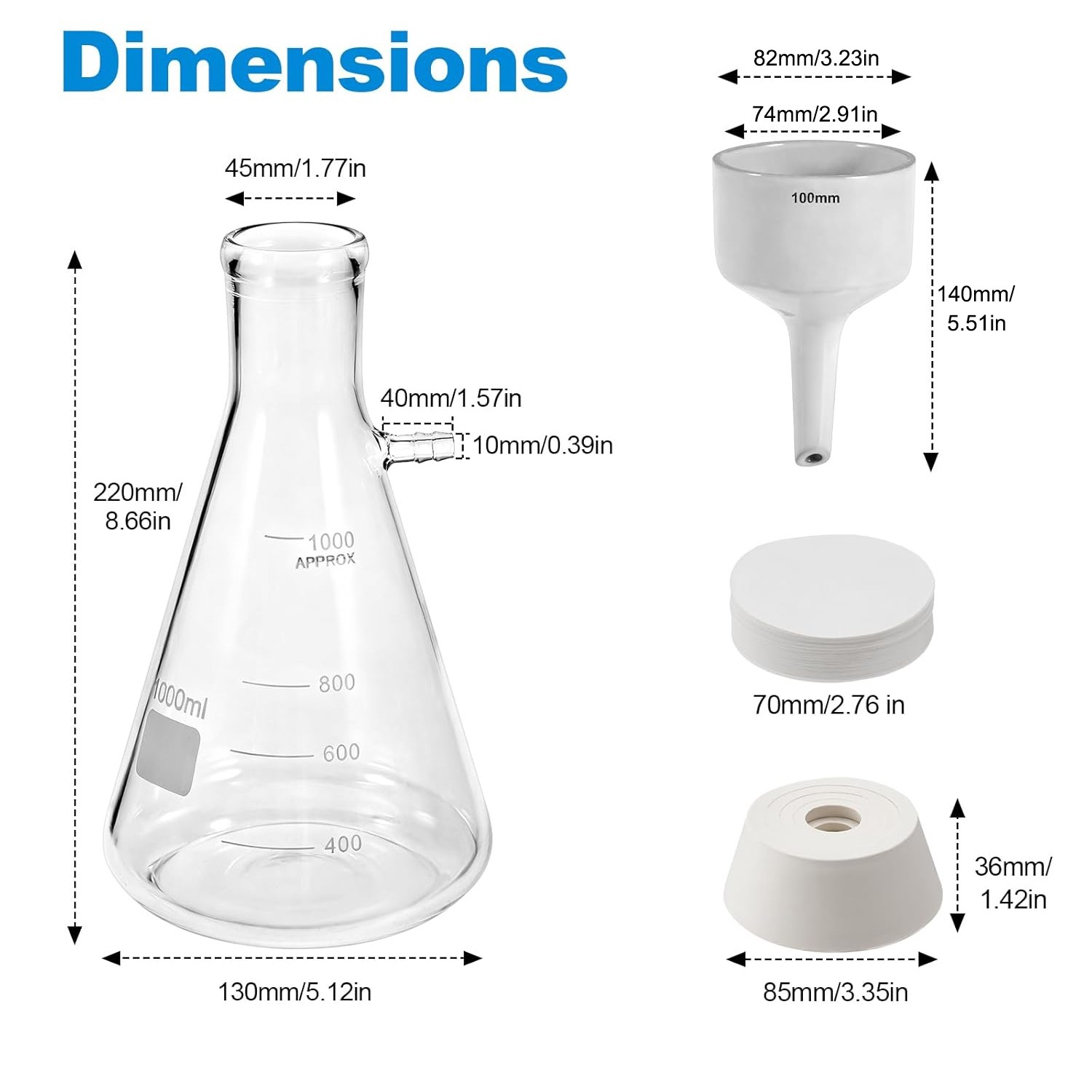 1000ml Buchner Funnel Filtering Kit Lab Filtering Flask Glass w/ Flask Funnel N