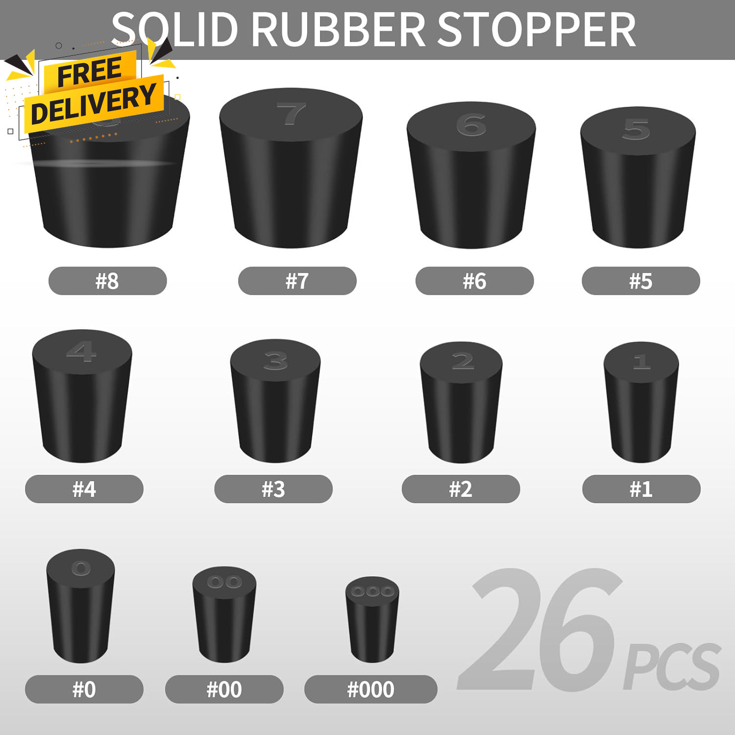 26 Pack Solid Rubber Stoppers 11 Assorted Sizes Stopper Plugs 000