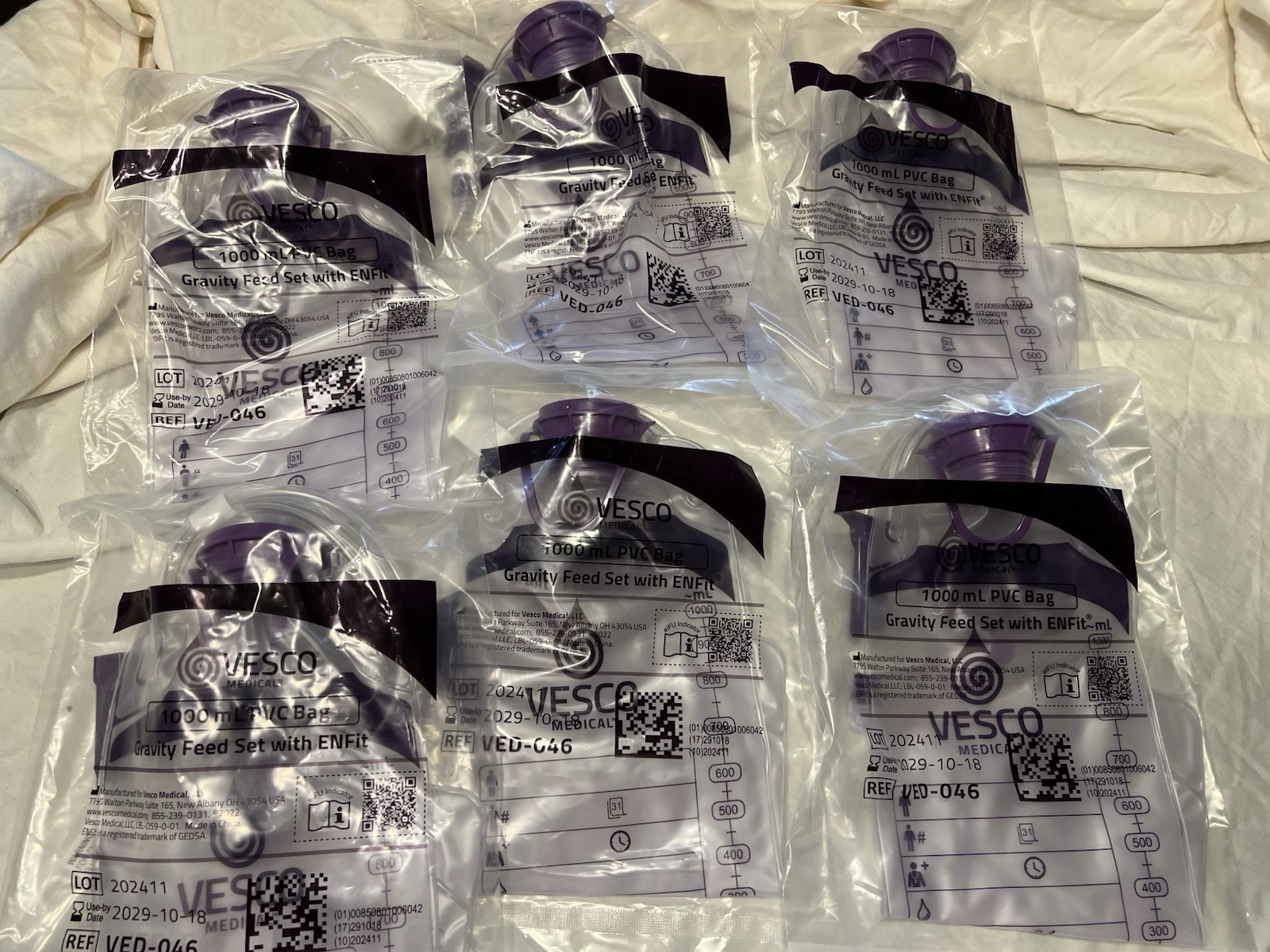6 VESCO VED-046 Enteral Gravity Feed Lot with ENFit Connection 1000ml