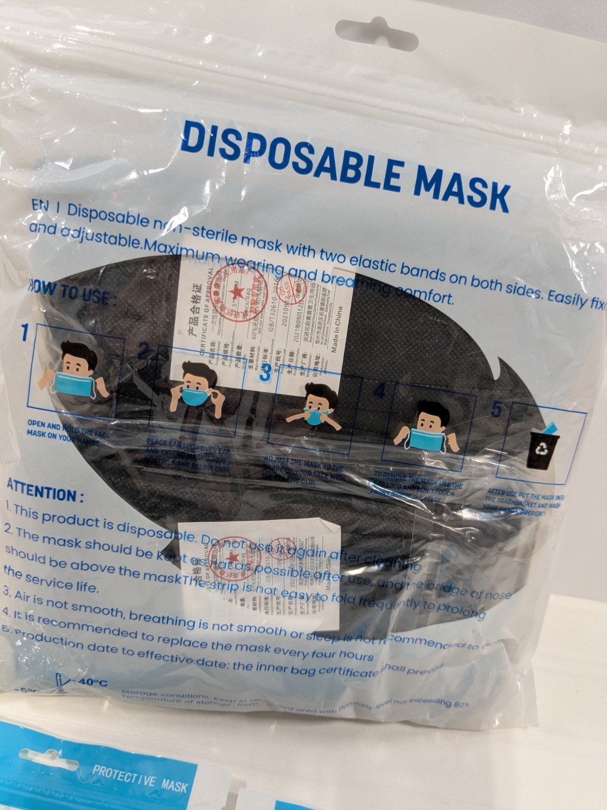 Pack of 100 Disposable Masks Black 3 Protective Layers with 2x KN95 Face Masks
