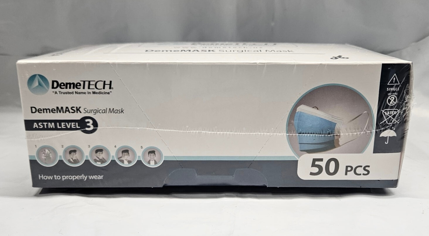 DemeTech ASTM Level 3 Disposable Surgical Mask, 50 ct, Made in USA, NIB