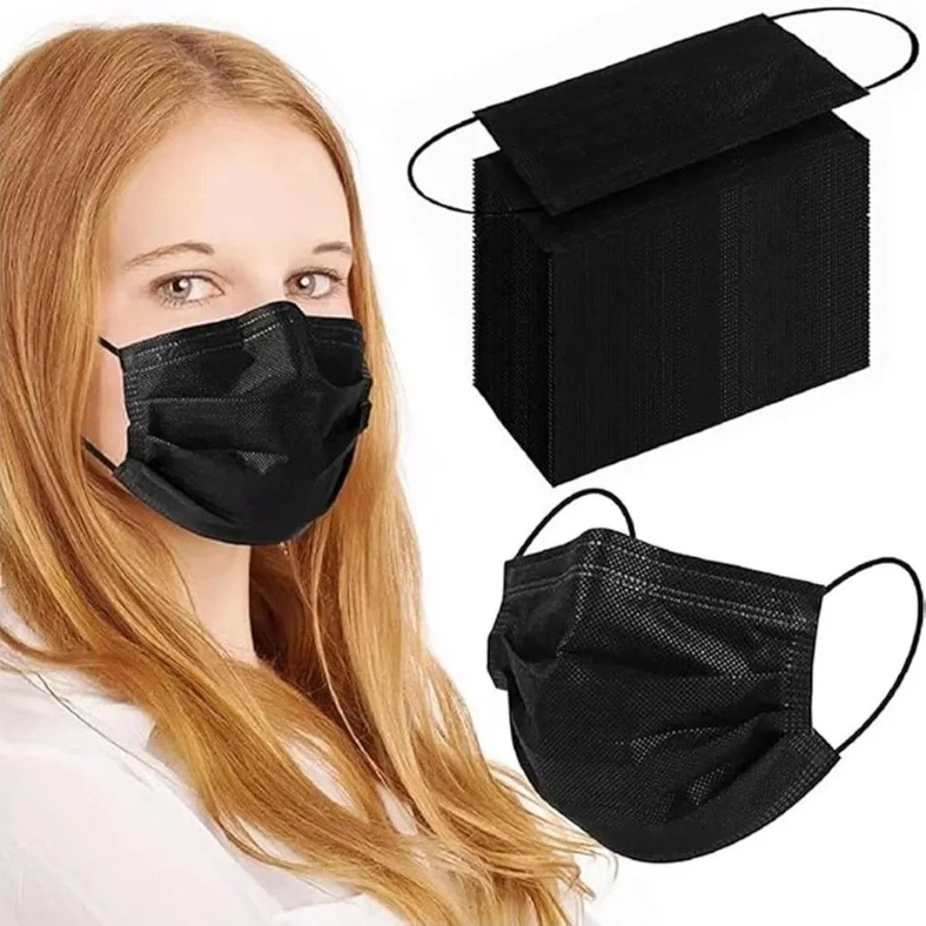 Face Mask 100PCS Adult Black Disposable Masks 3-Layer Filter Protection