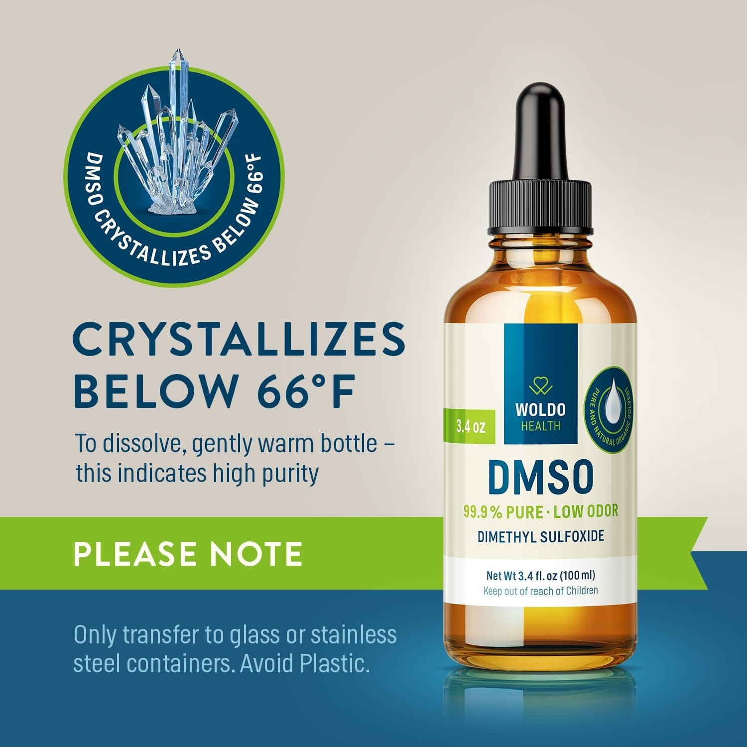 99.9% Pure DMSO Liquid – 3.38 fl. oz Dimethyl Sulfoxide Drops, Low Odor, Glass D