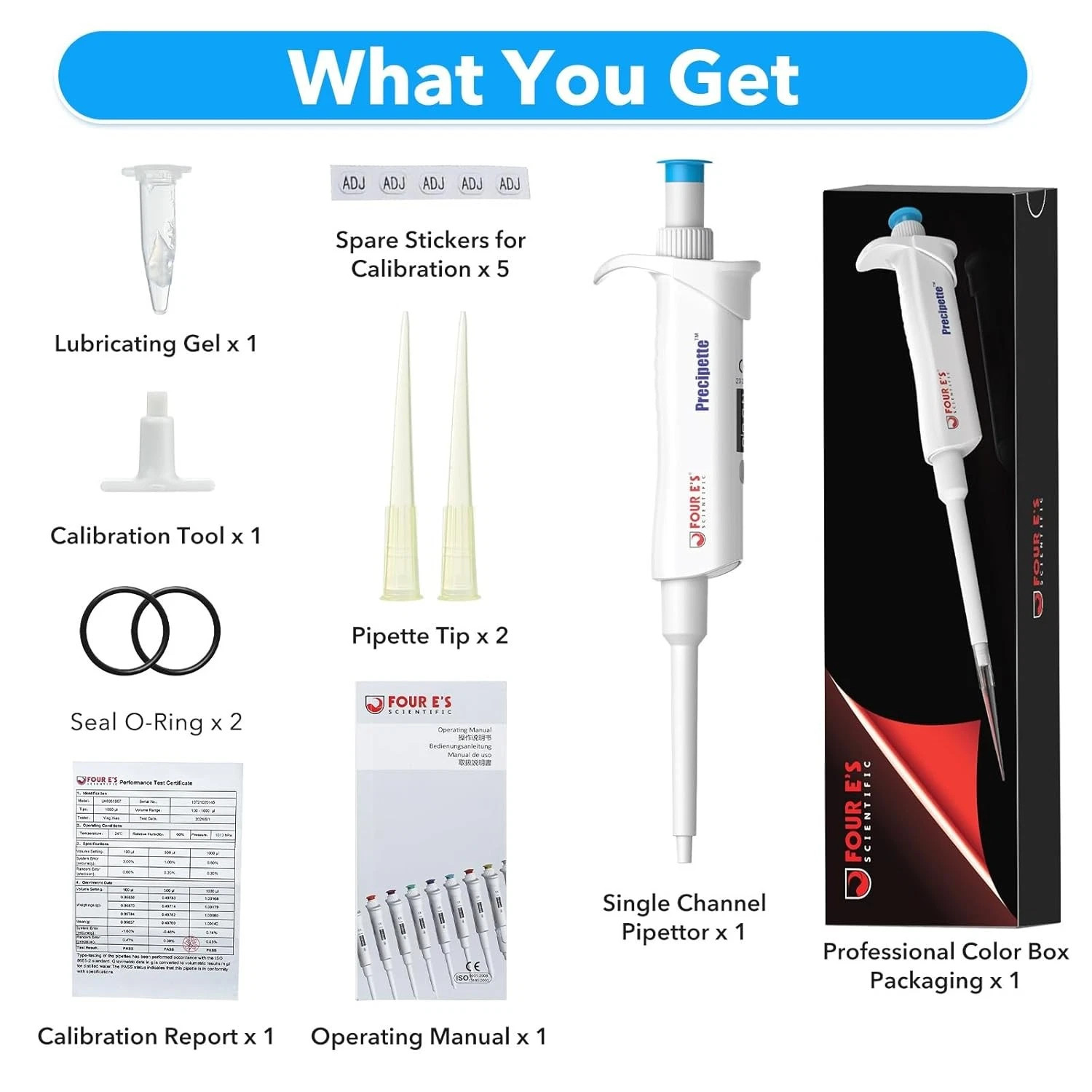 0.1-1000μL Single-Channel Micropipette with Color-Coded Top, 9 Specifications