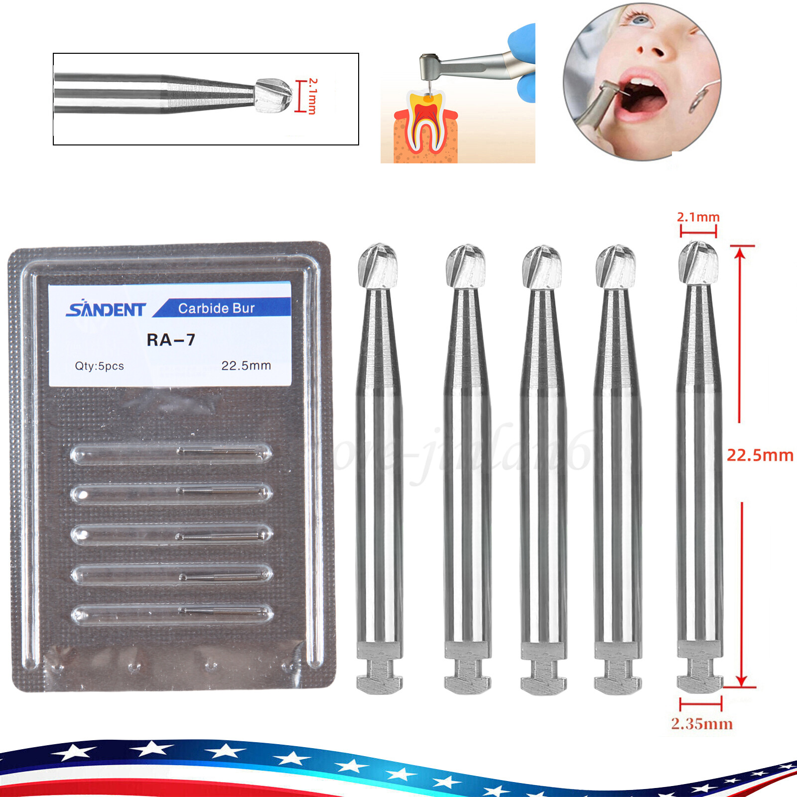5 pieces Dental 22.5mm Round Carbide Bur Slow Speed Latch Type RA7 Burs USA