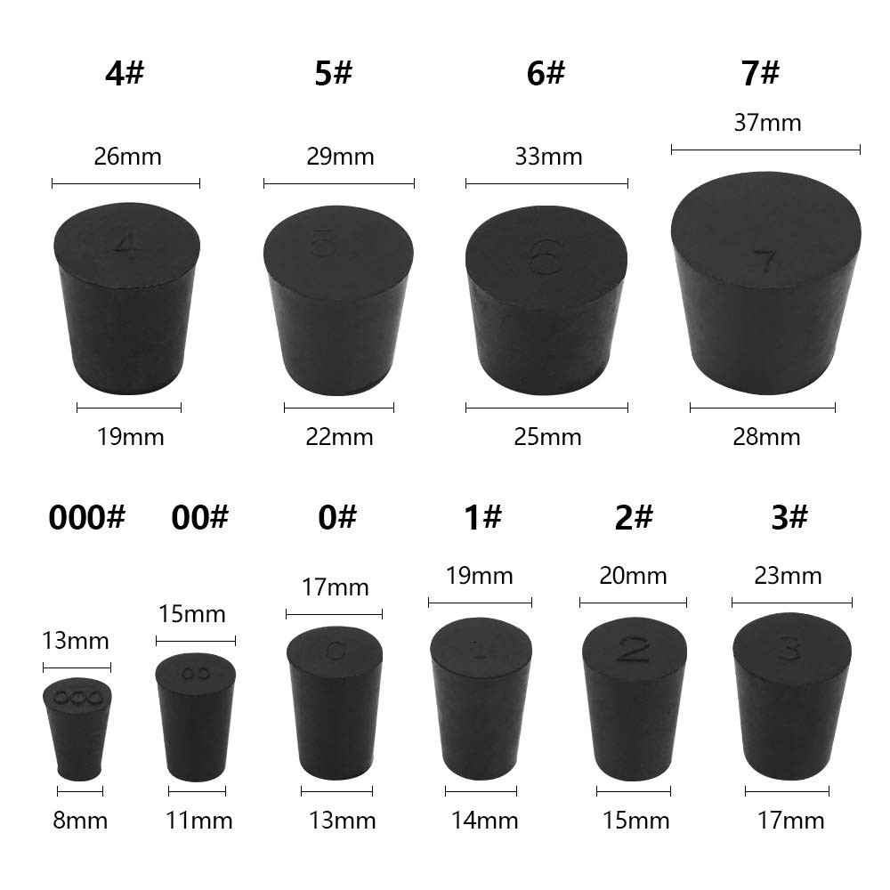 27 Pack (10 Assorted Sizes) 000# – 7# Tapered Lab Bungs Solid Rubber Black