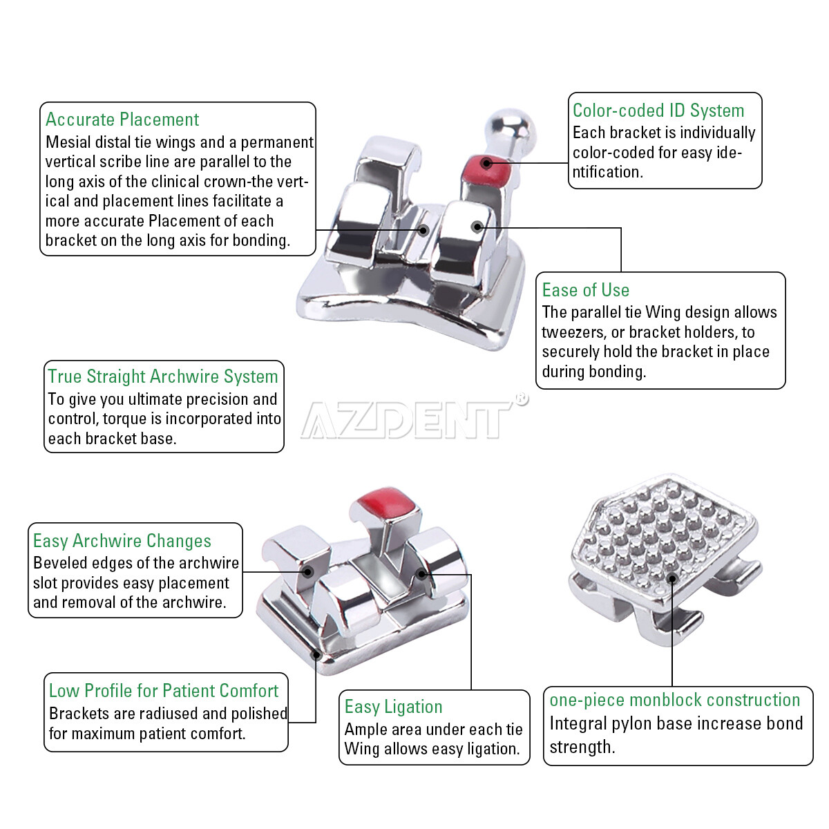 AZDENT Dental Orthodontic MIM Monoblock Brackets Brace Mini MBT/Roth Hooks 345