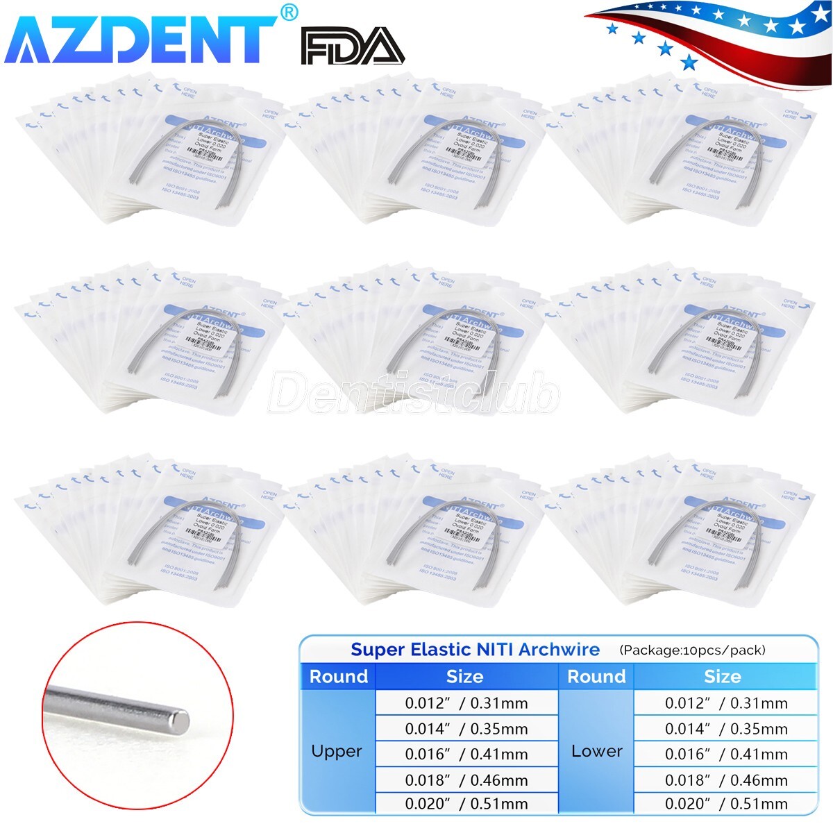 AZDENT Dental Orthodontic Super Elastic Niti Round Arch Wires Ovoid 10pcs/pack