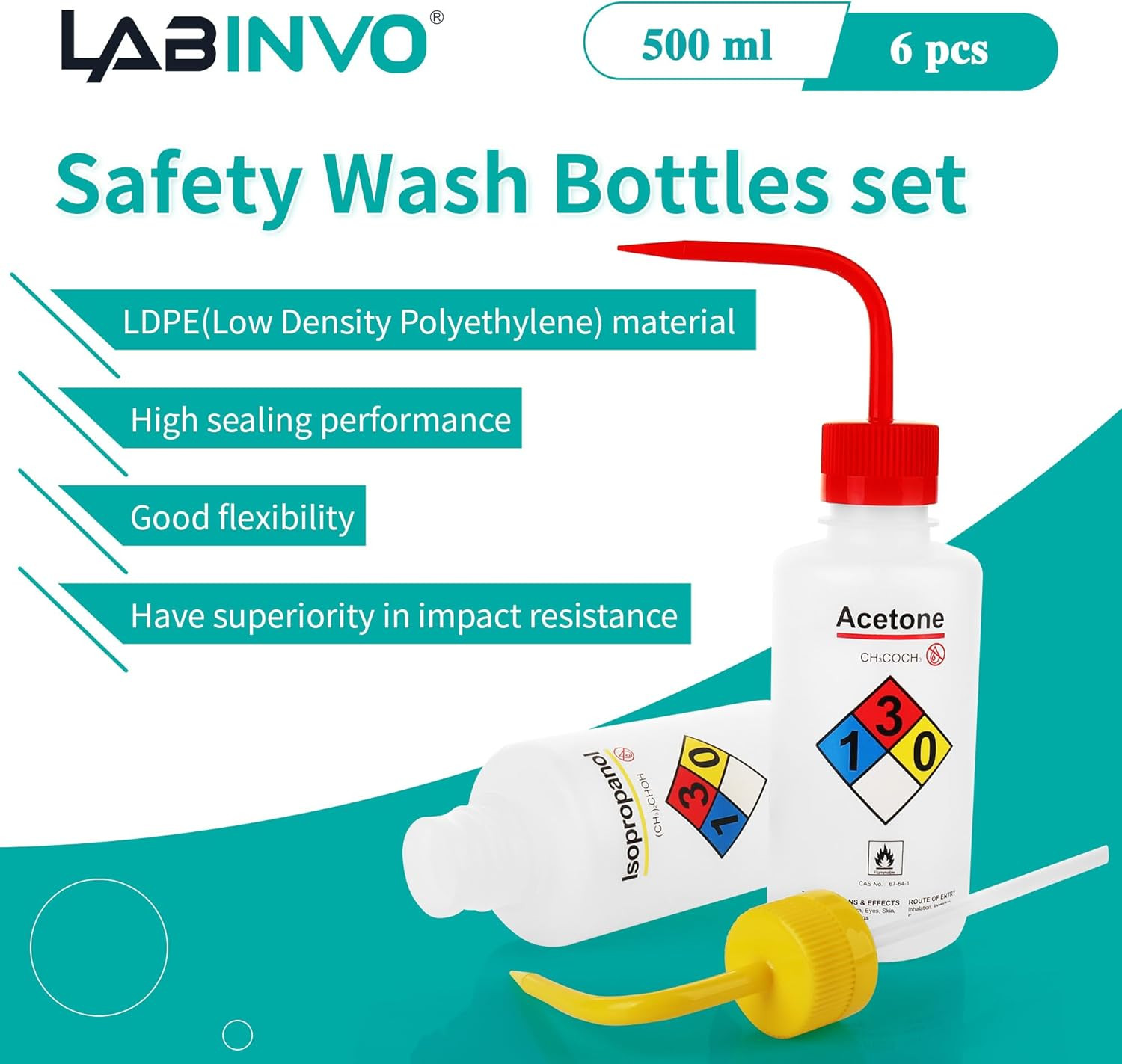 Professional Lab Safety Wash Bottles, 500ml, Set of 6, LDPE Material