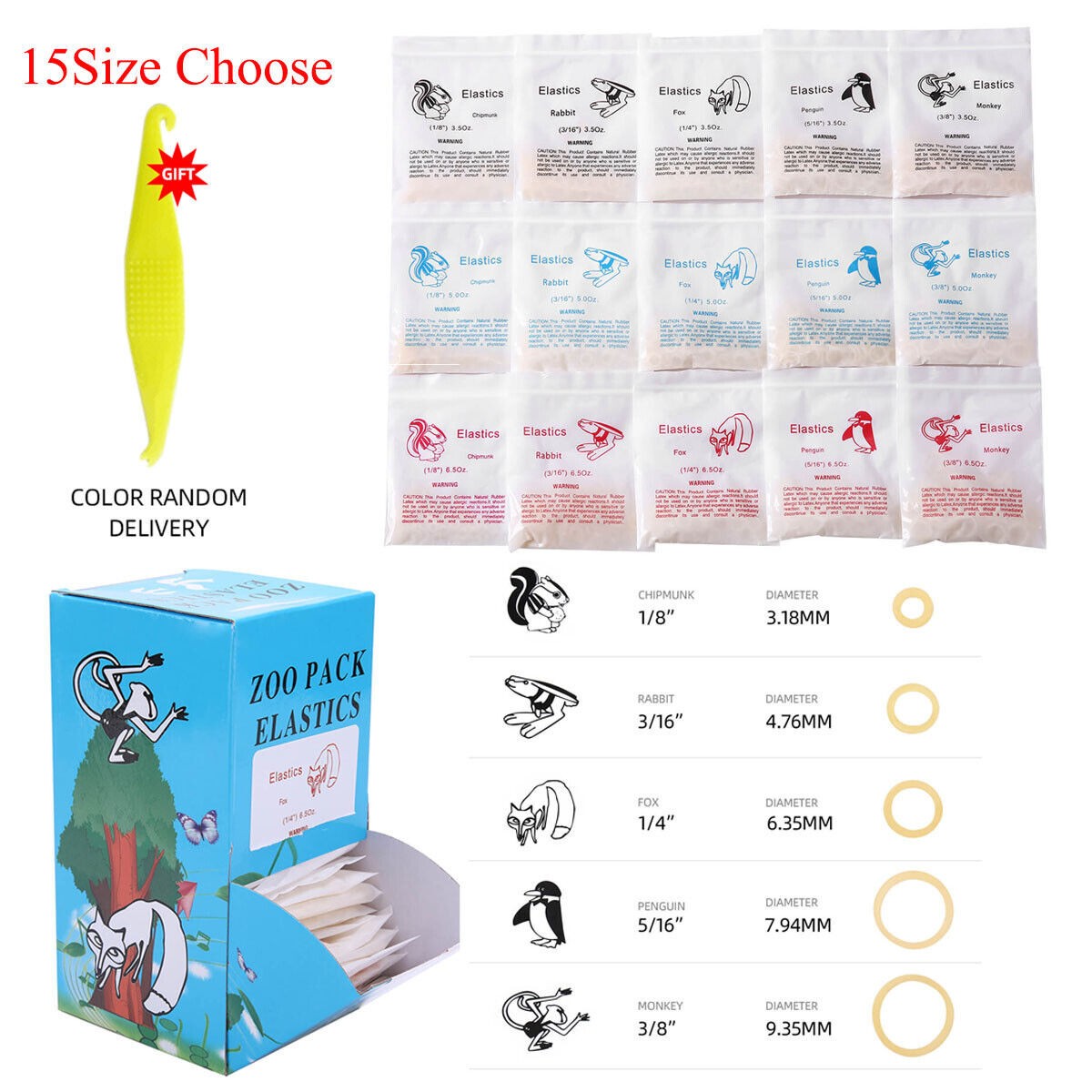 15 Sizes Dental Orthodontic Rubber Bands Elastics Latex Braces 3.5 /5.0 /6.5 oz