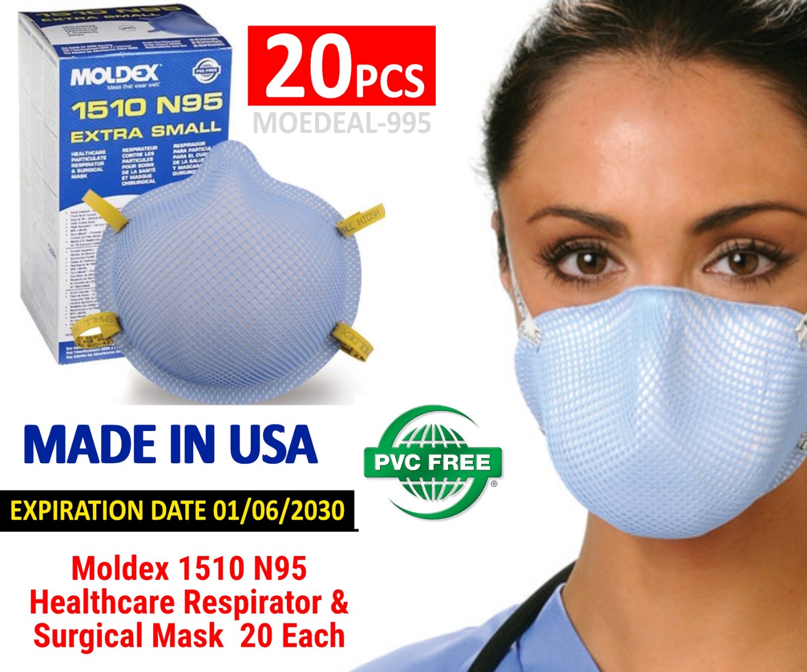 N95 Particulate Respirator Face Mask 20pcs, XS Moldex 1510 Expire 01/2030