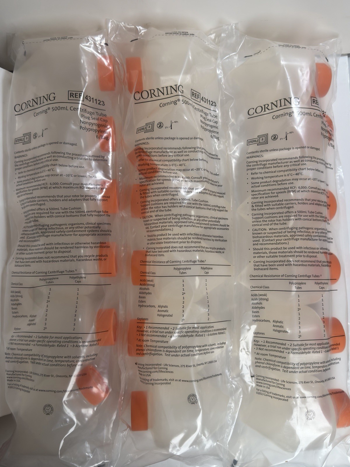 18 Corning 500mL Centrifuge Tubes REF 431123 Plug Seal Screw Cap Sterile Sealed