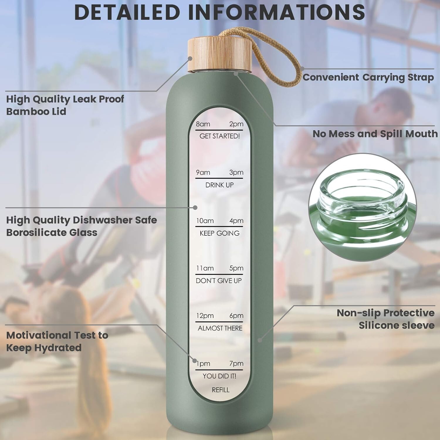 Eco-Friendly 32 Oz Glass Water Bottle with Time Markers & Silicon Sleeve – Olive