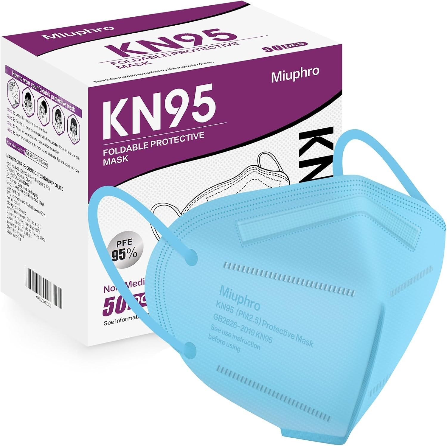 KN95 Protective Masks, 50-Pack, Hook and Loop Closure
