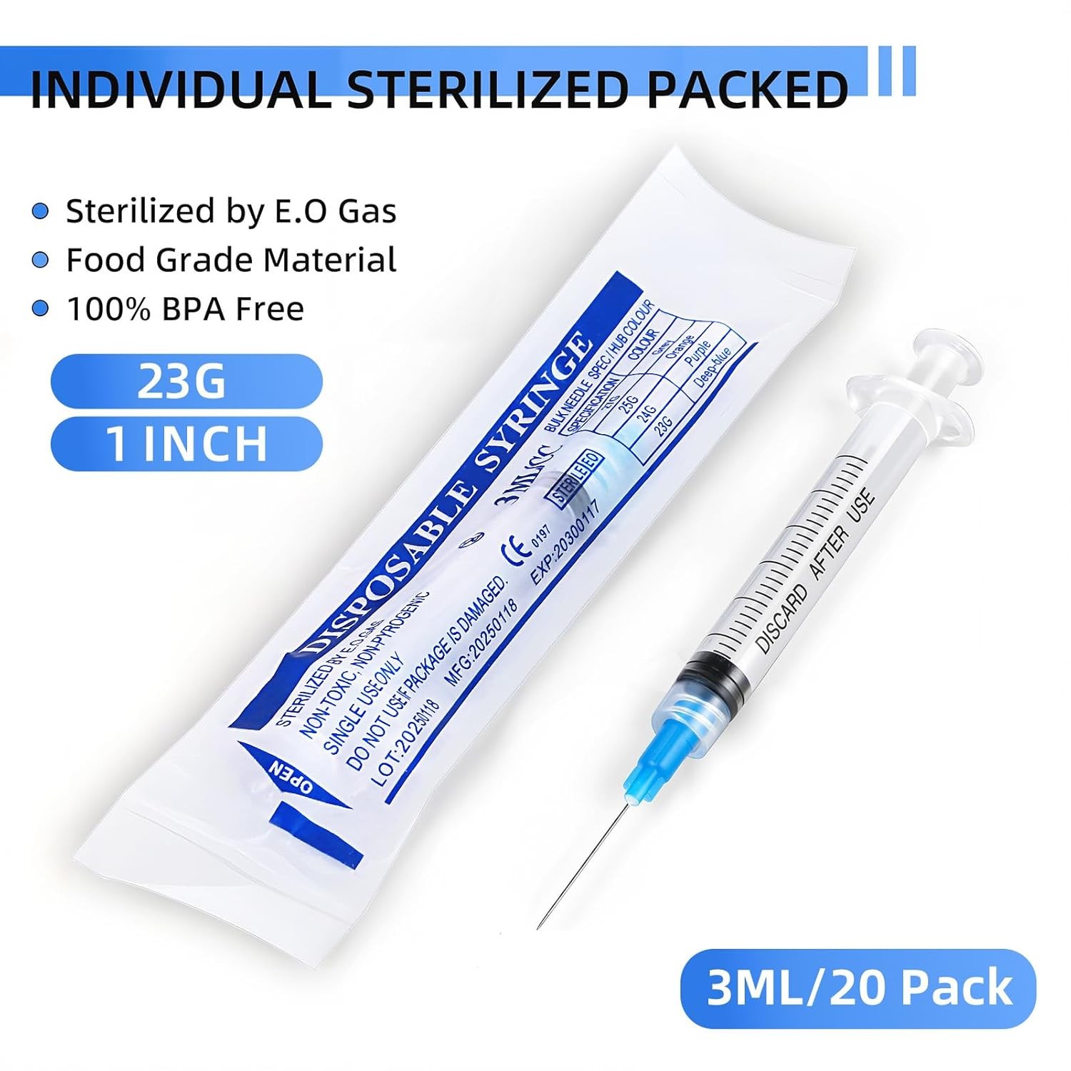 20 Pack 3ml Syringes with 23G 1 Inch, Disposable Luer Lock Syringe Individually