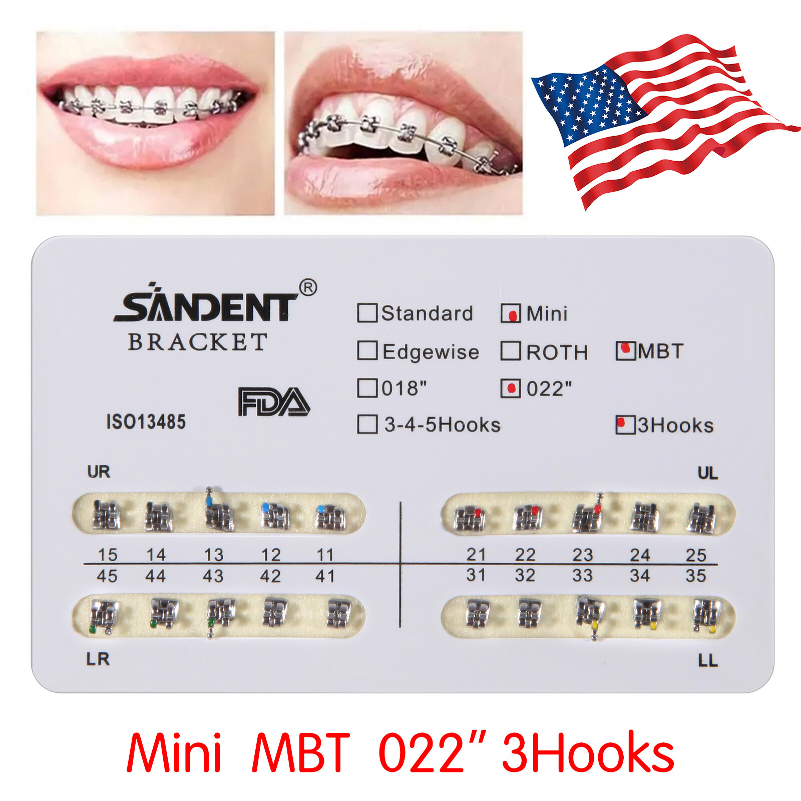 10-200 Packs SANDENT Dental Orthodontic Brackets Braces Mini MBT.022 Slot 3Hooks