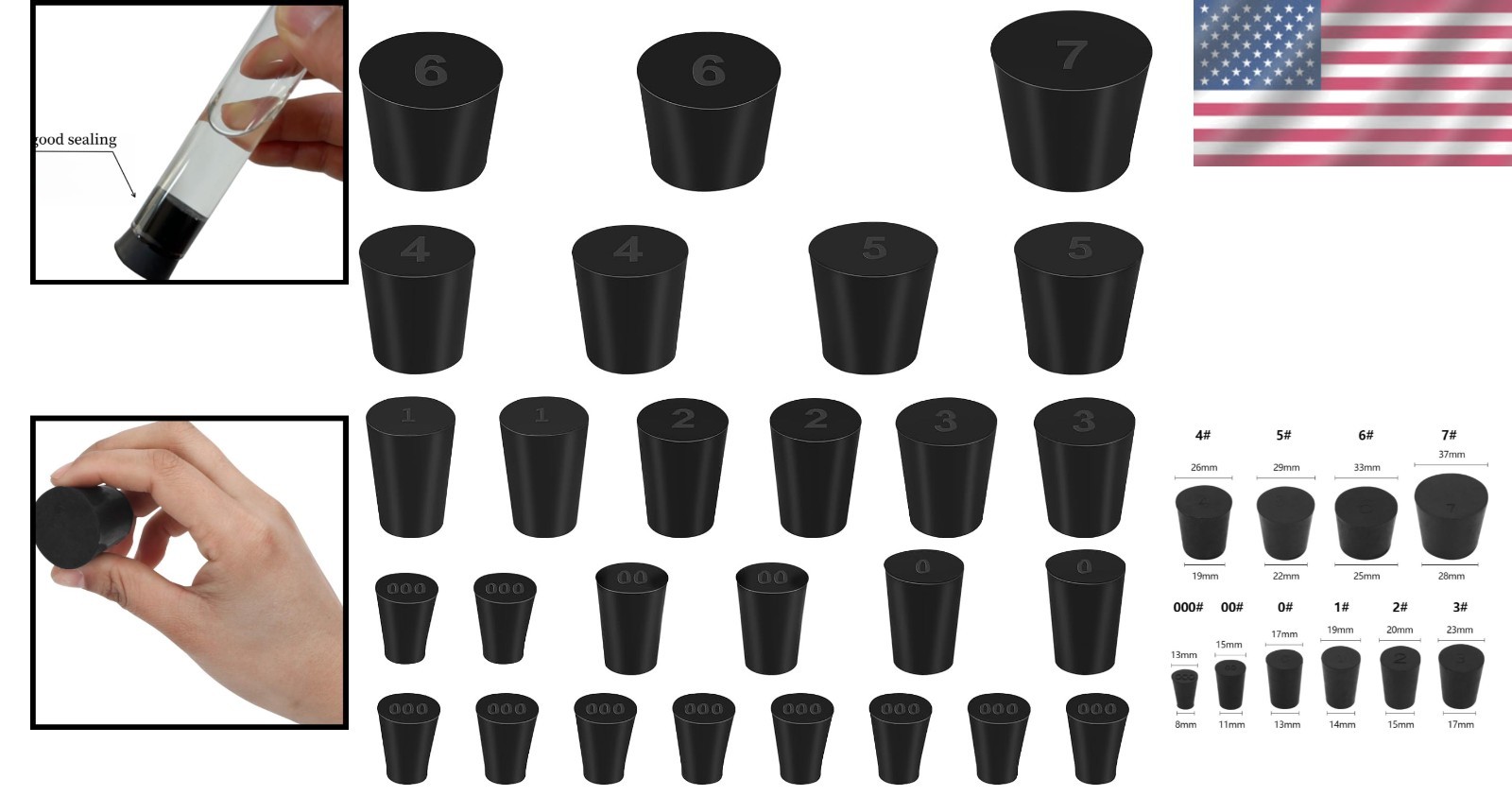 Black Rubber Lab Bungs – 10 Sizes, Perfect for Non-Aggressive Solutions