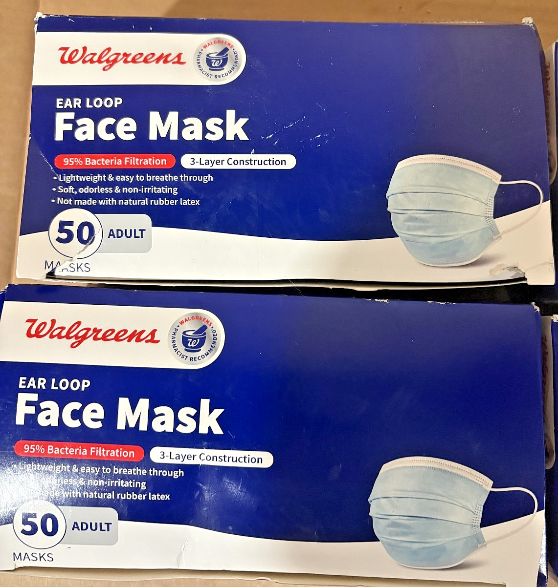 4 Pack Walgreens Ear Loop Face Mask Box 50 Count (200 Total) 3 Layer Adult Sz/