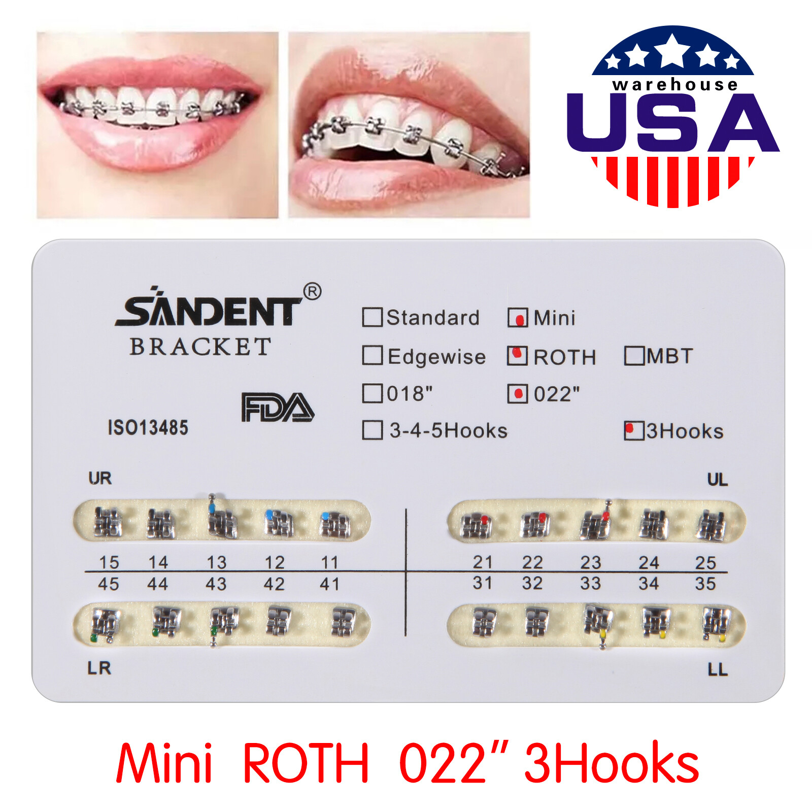 10 bags Dental Orthodontic Braces Bracket Mini Roth 022″Slot w/ 3hooks 200PCS ns