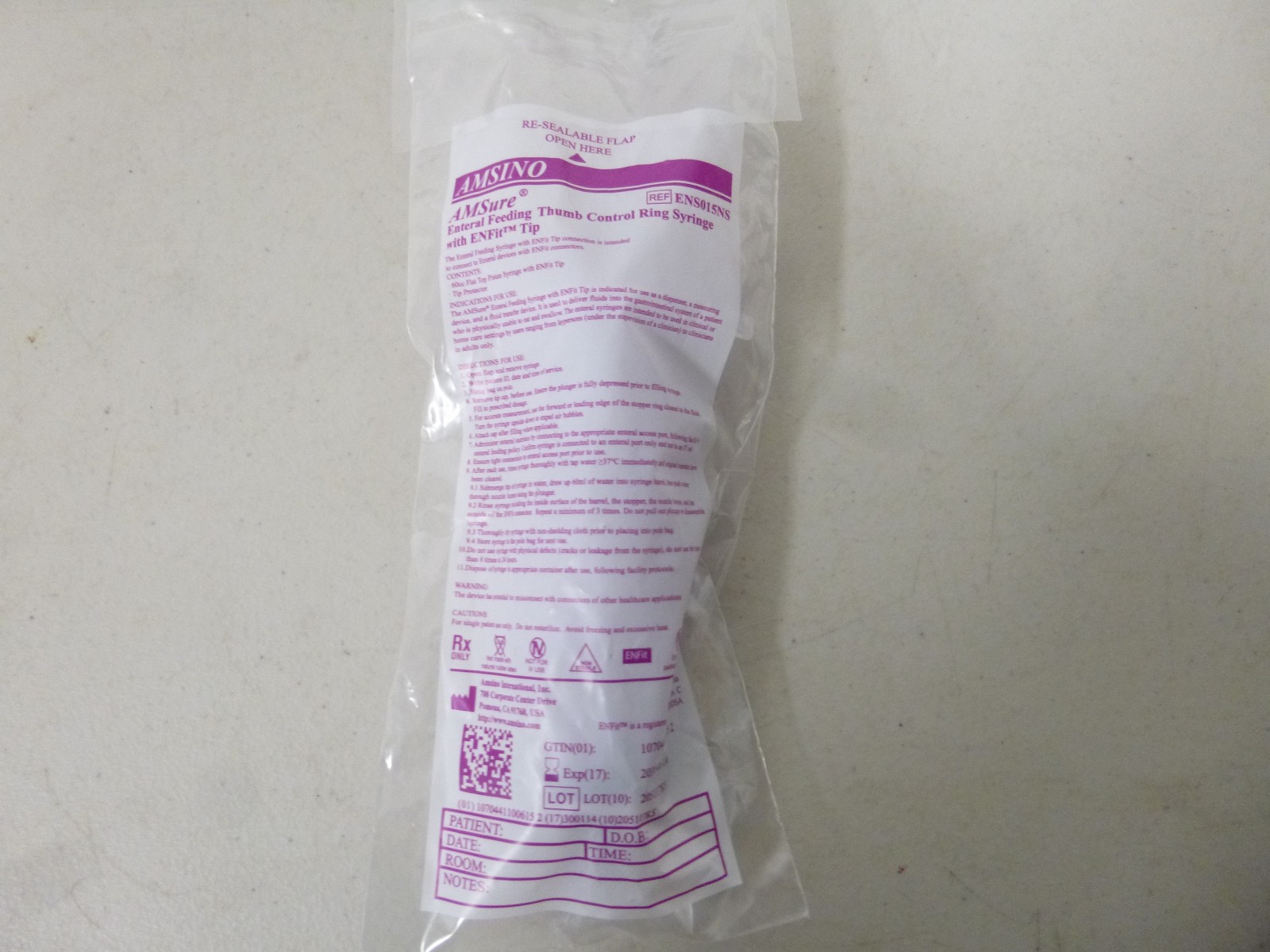 15 AMSINO AMSure Enteral Feeding Thumb Control Ring Syringe ENFit Tip ENS015NS