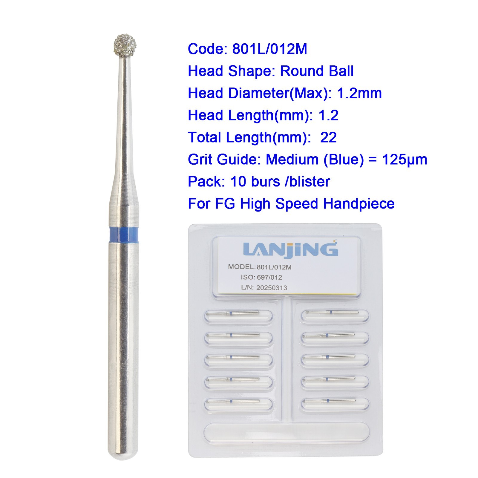 Dental Diamond Burs Surgical Round Ball 801L/012M FG Length 22mm BR-L45 Standard