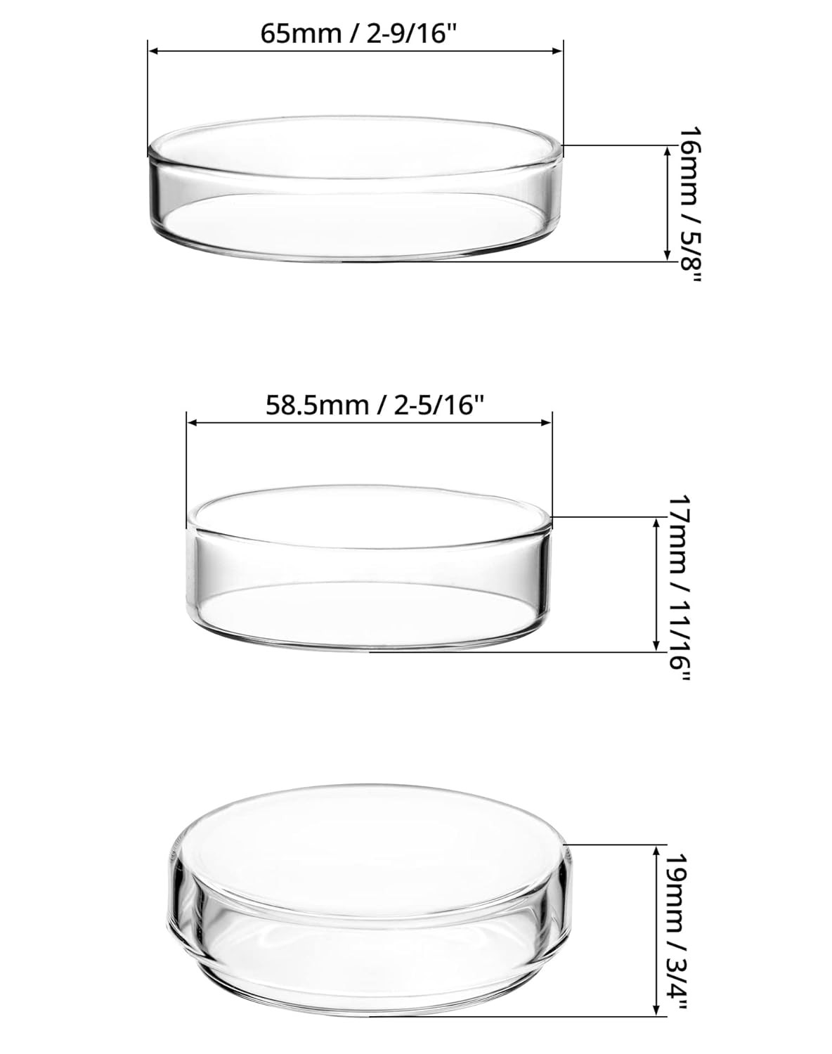 Glass Petri Dishes 5 Pack 60mm x18mm Thick Reusable Plates with Lids Lab Use Set