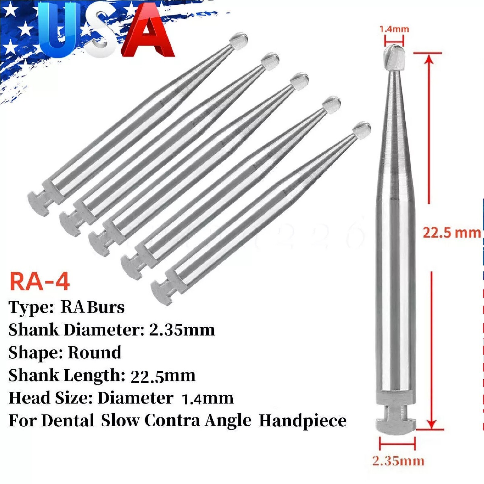 25 Pcs/5 Pack Dental 22.5mm Round Carbide Bur Slow Speed Latch Type RA4 Burs USA