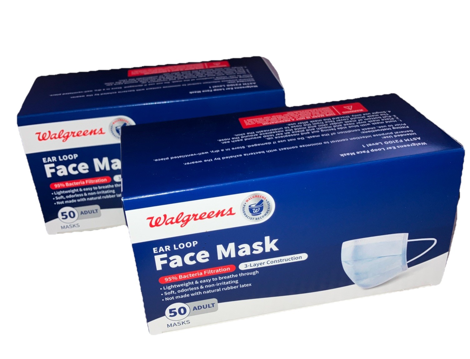 Walgreens Face Mask Ear Loops 100 Count Adult 95% Bacteria Filtration New In Box