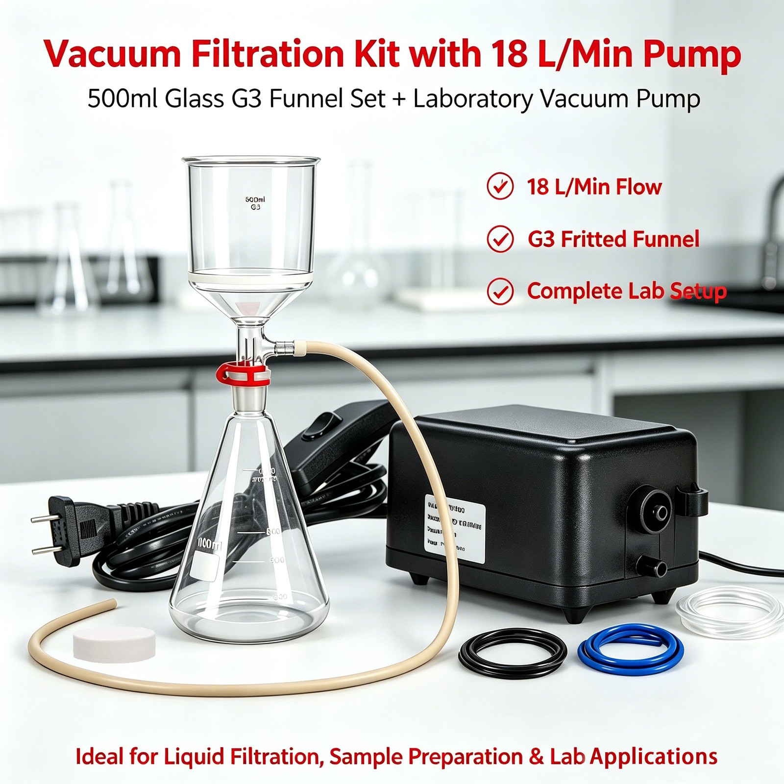 500ml Funnel Filtering Lab Vacuum Filtration Kit 1000mL Flask Lab Vacuum Pump