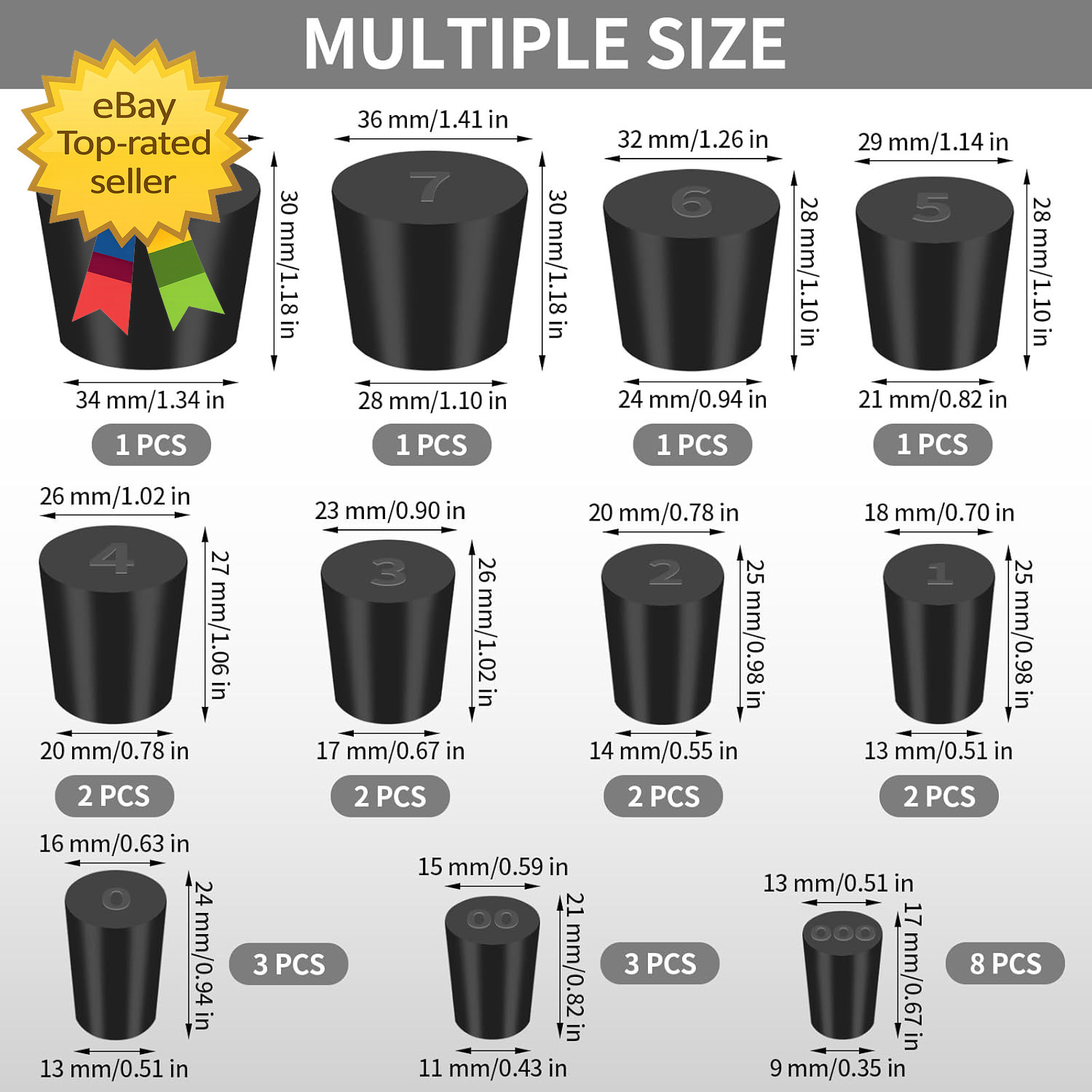 26 Pack Solid Rubber Stoppers – 11 Assorted Sizes Stopper Plugs, 000# – 8# Sizes