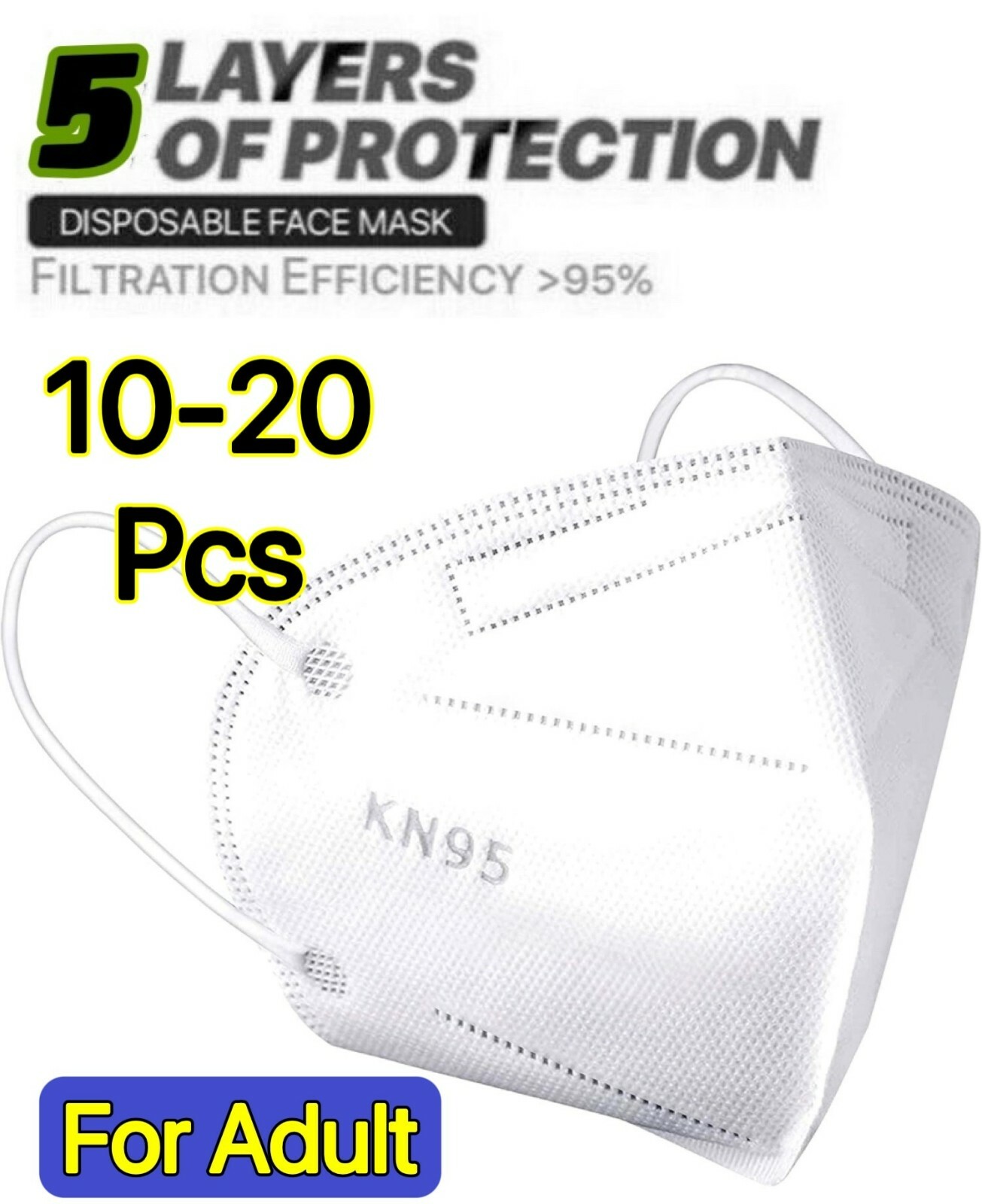 10/20 Pcs Black KN95 Protective 5 Layer Adult Face Mask BFE 95% Disposable Masks