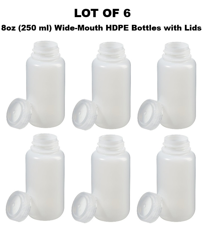 LOT OF 6 – Nalgene Packaging Bottles, 250ml 8oz, Wide Mouth, HDPE Leak Proof