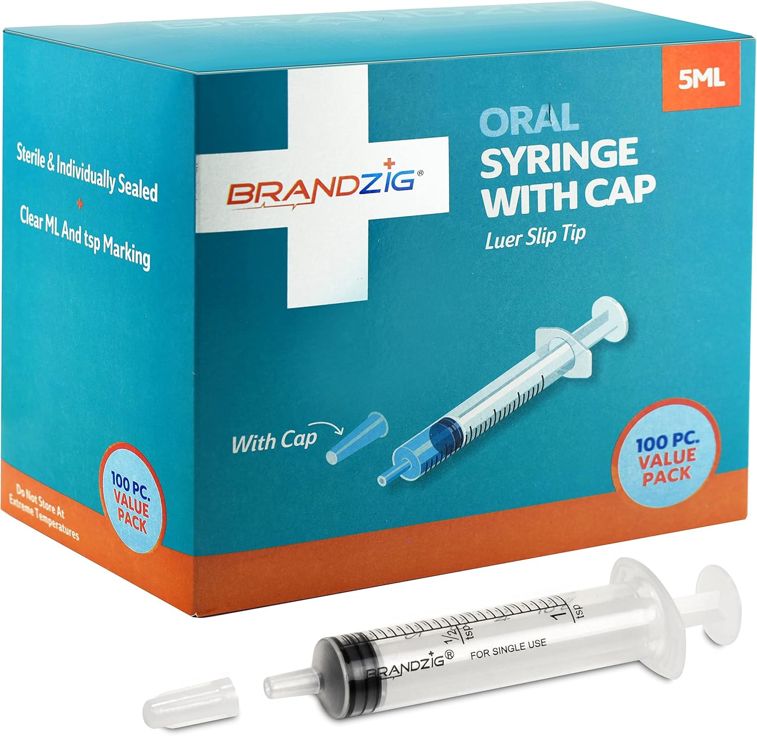 5Ml Syringe with Cap (100 Pack) | Oral Dispenser without Needle, Luer Slip Tip,
