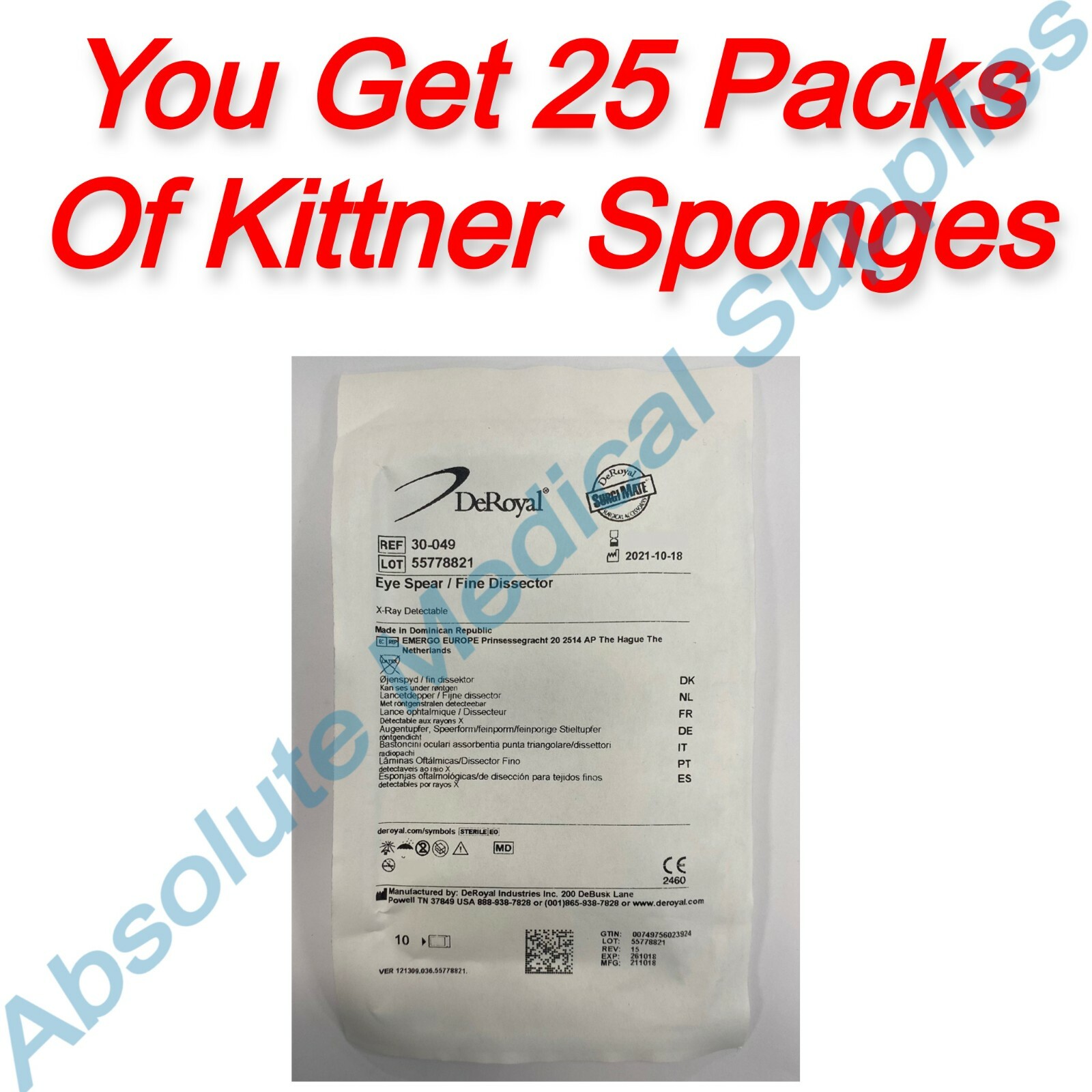*25-Pack* DeRoyal Kittner Sponge Blunt Dissector Sterile 30-101