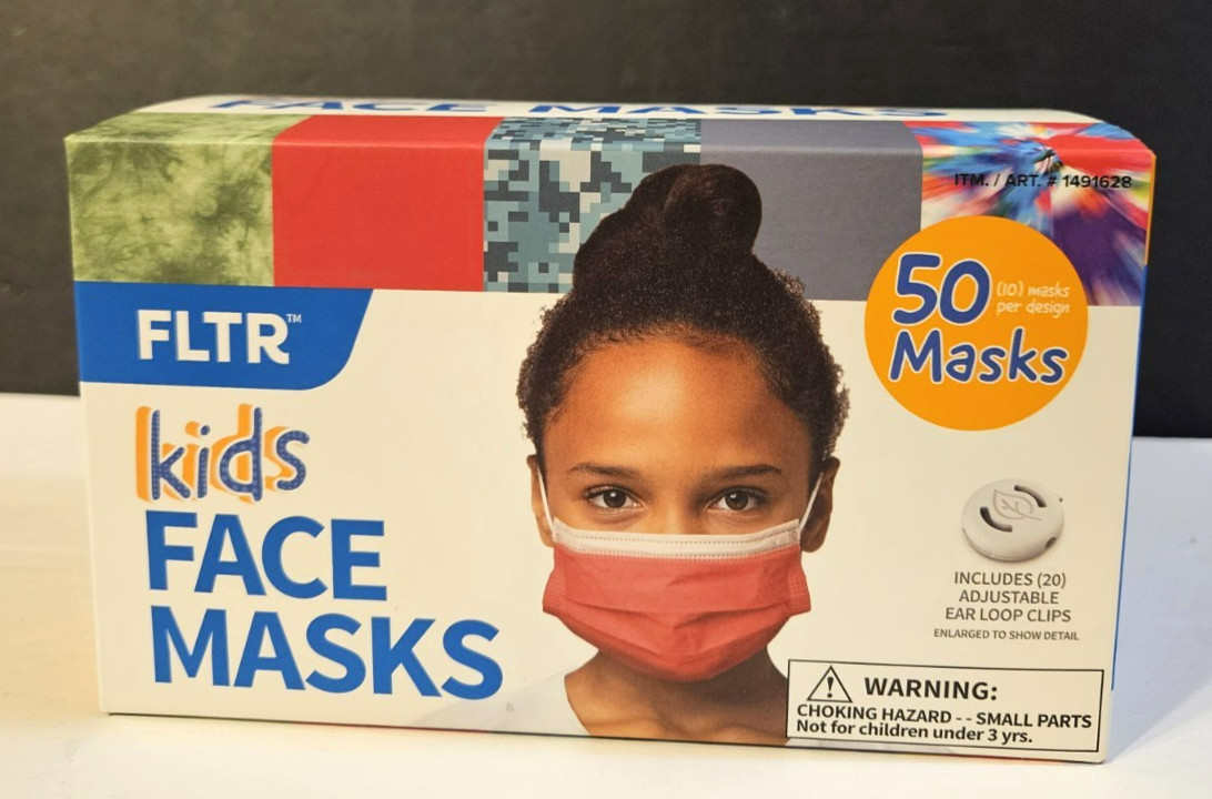 New Box of 50 Kids Face Masks w/20 Adjustable Ear Loop Clips by FLTR