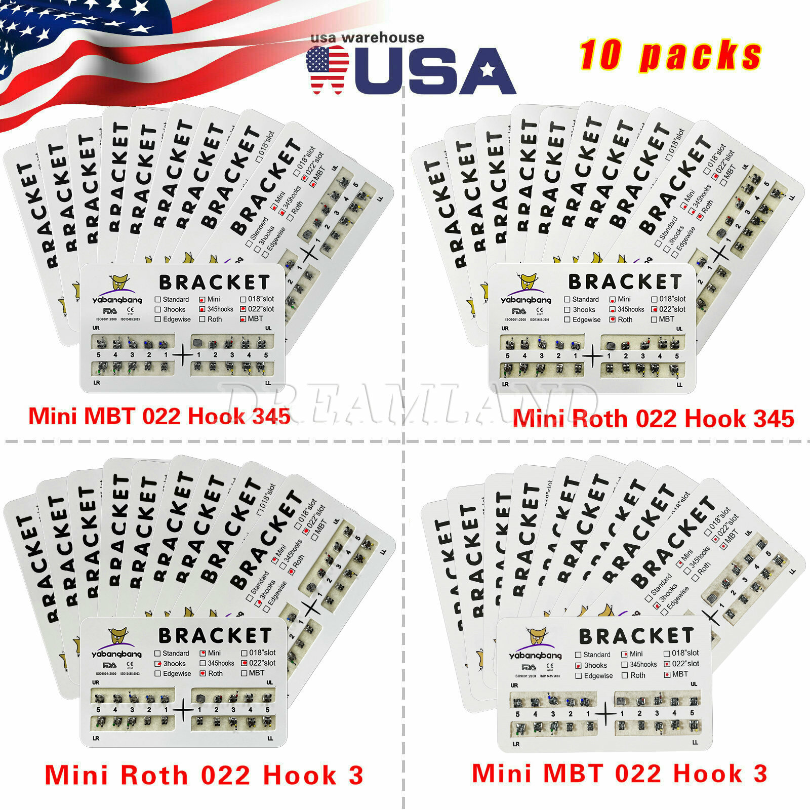 10 Packs Dental Orthodontic Brackets Braces Mini Roth MBT Slot.022 3-4-5 Hooks B