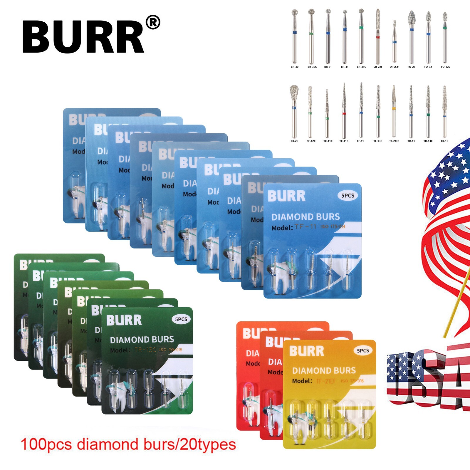 100pcs Dental Diamond Burs for High Speed Handpiece Medium Friction Grip 20Types