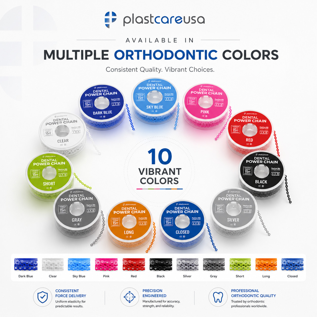 Orthodontic Dental Power Chain for Braces – 15 ft, Short, Long, Closed Elastic