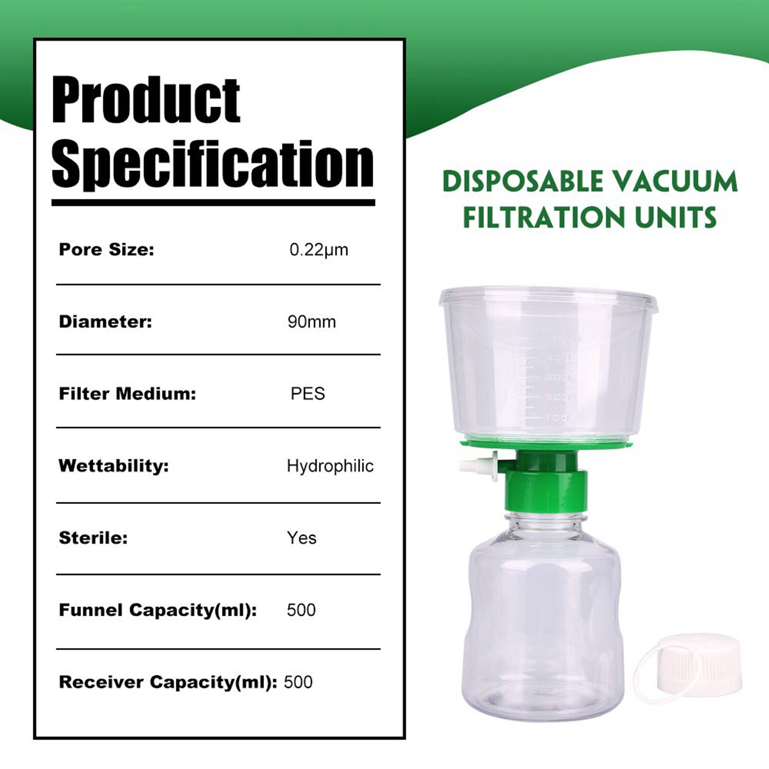 500mL Sterile Bottle Top Vacuum Filter Units with 0.22um PES Membrane Pack of 4
