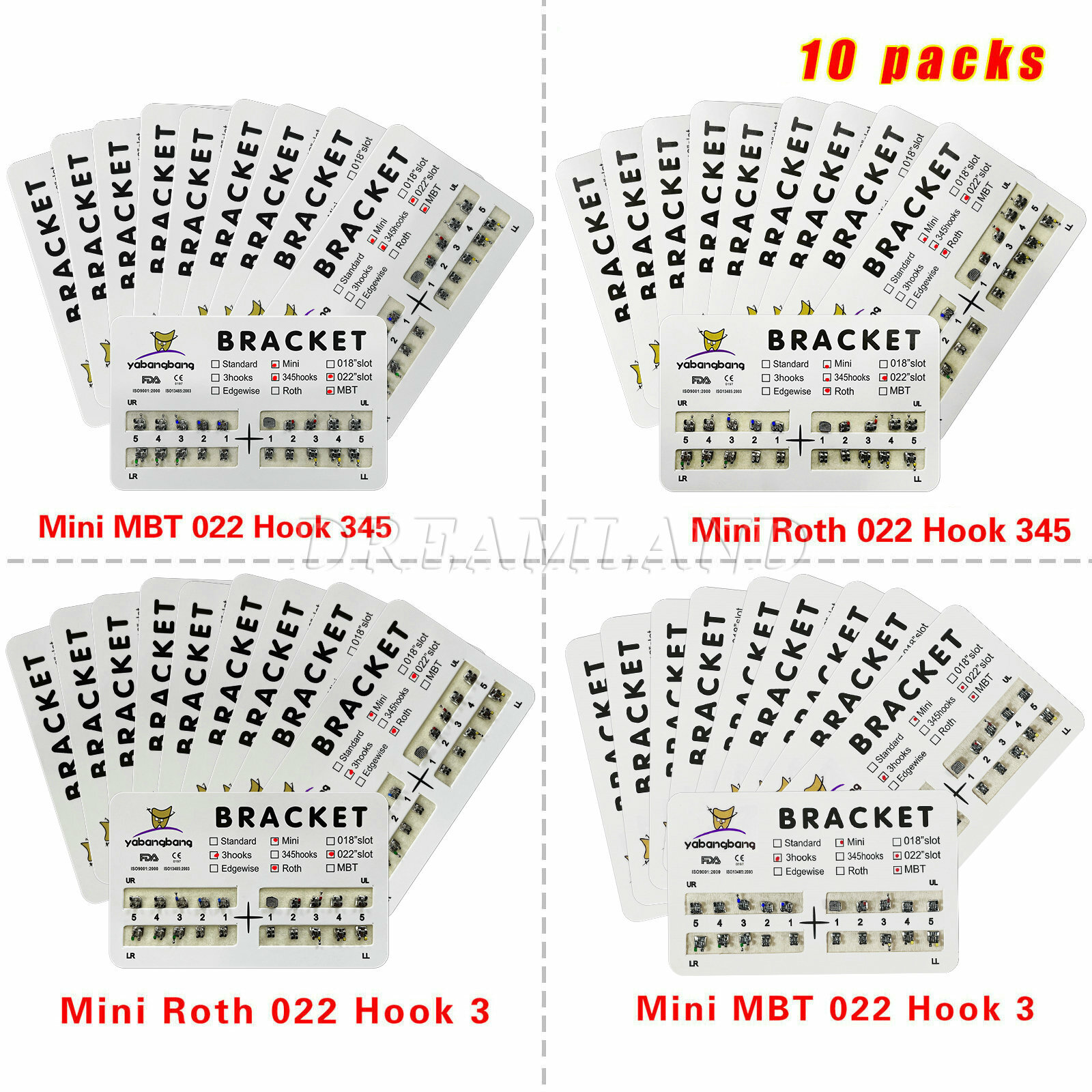 10Packs Metal Dental Ortho Bracket Braces MINI MBT Roth .022Slot 3-4-5 / 3 Hooks