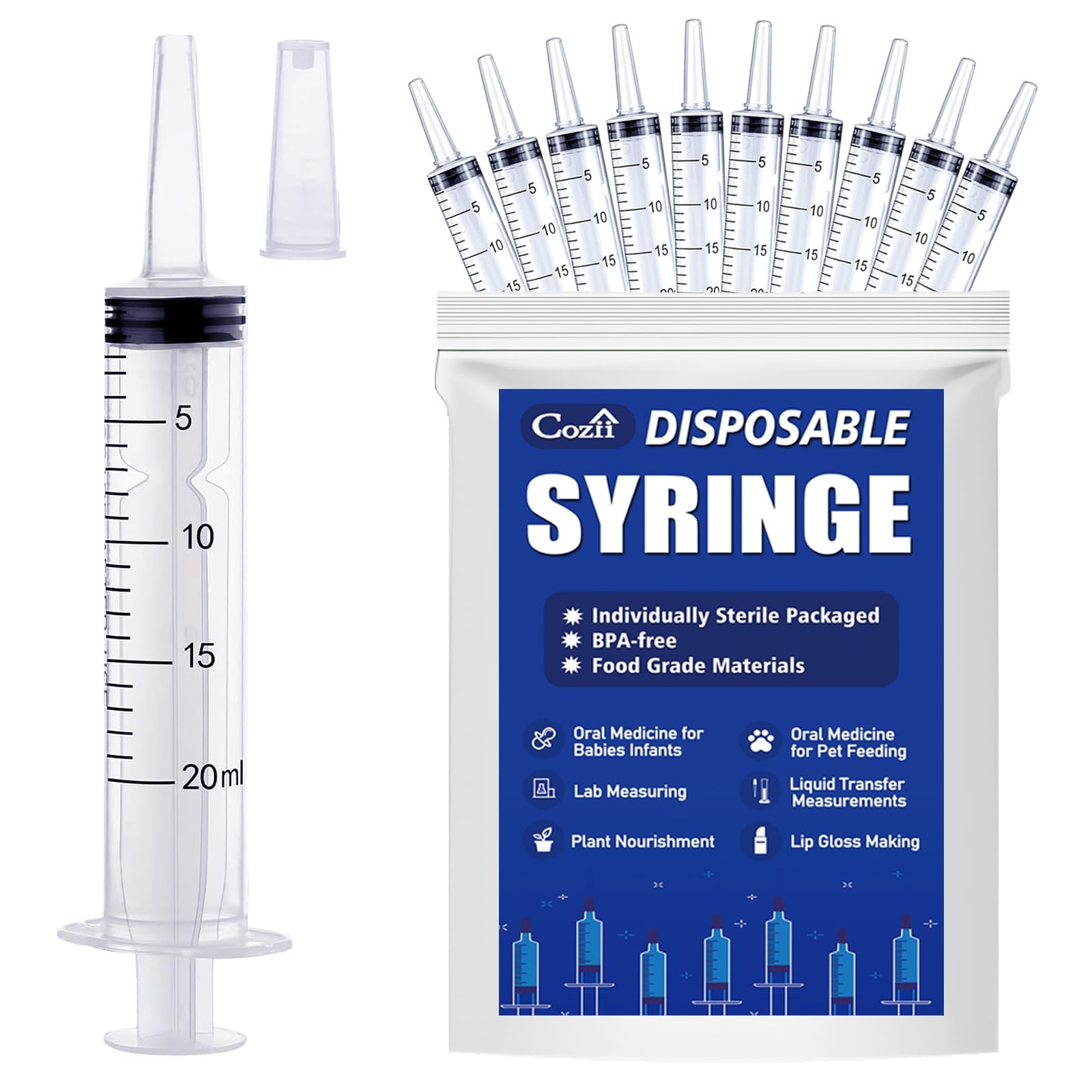 20ml Syringe with Cap, 10 Pack Large Plastic Syringes 20ml-10pcs, transparent