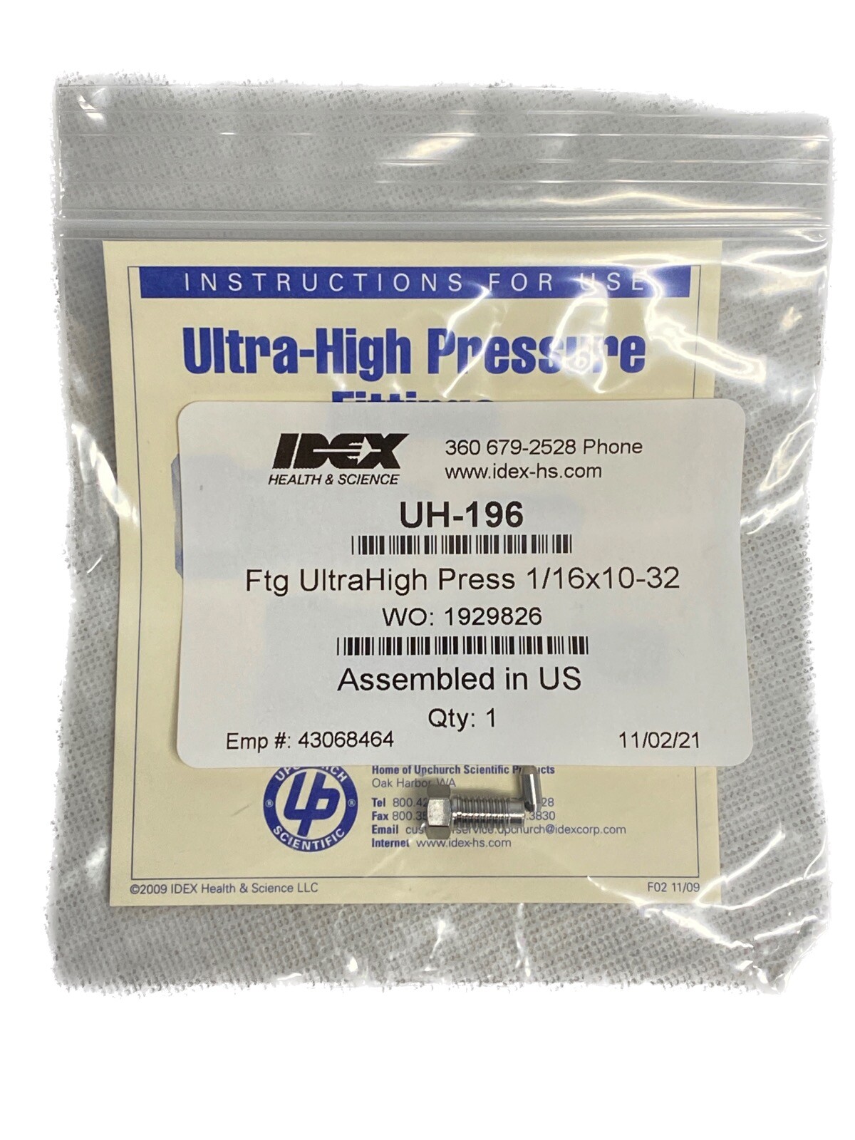 IDEX VHP UHPLC SS Fitting Male Nut Ferrule 10-32 Coned 1/16” OD UH-196