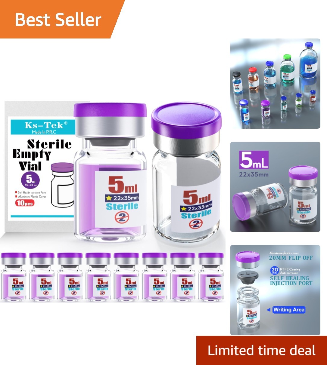 Sterile Empty Vials with Self Healing Injection Port,with Flip Off Aluminum C…