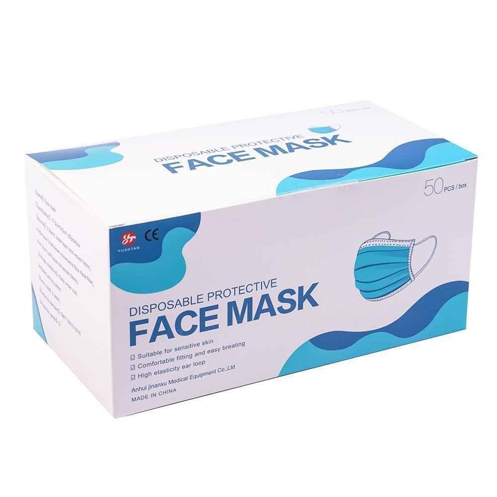 100 Disposable Face Masks Yuantan 3 Ply Protective Blue Earloop Breathable
