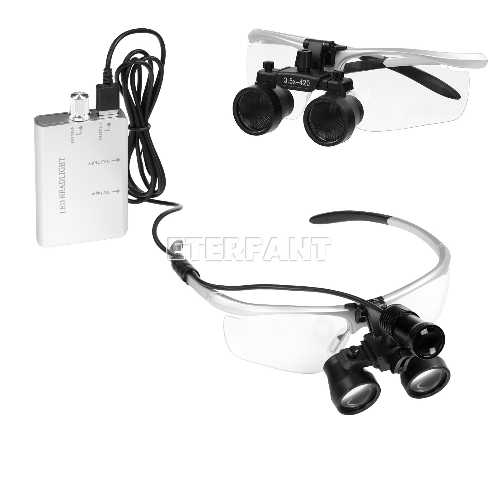 ETERFANT 3.5X Dental HD Binocular Magnifier Loupes Silver+5W LED Head Light Lamp