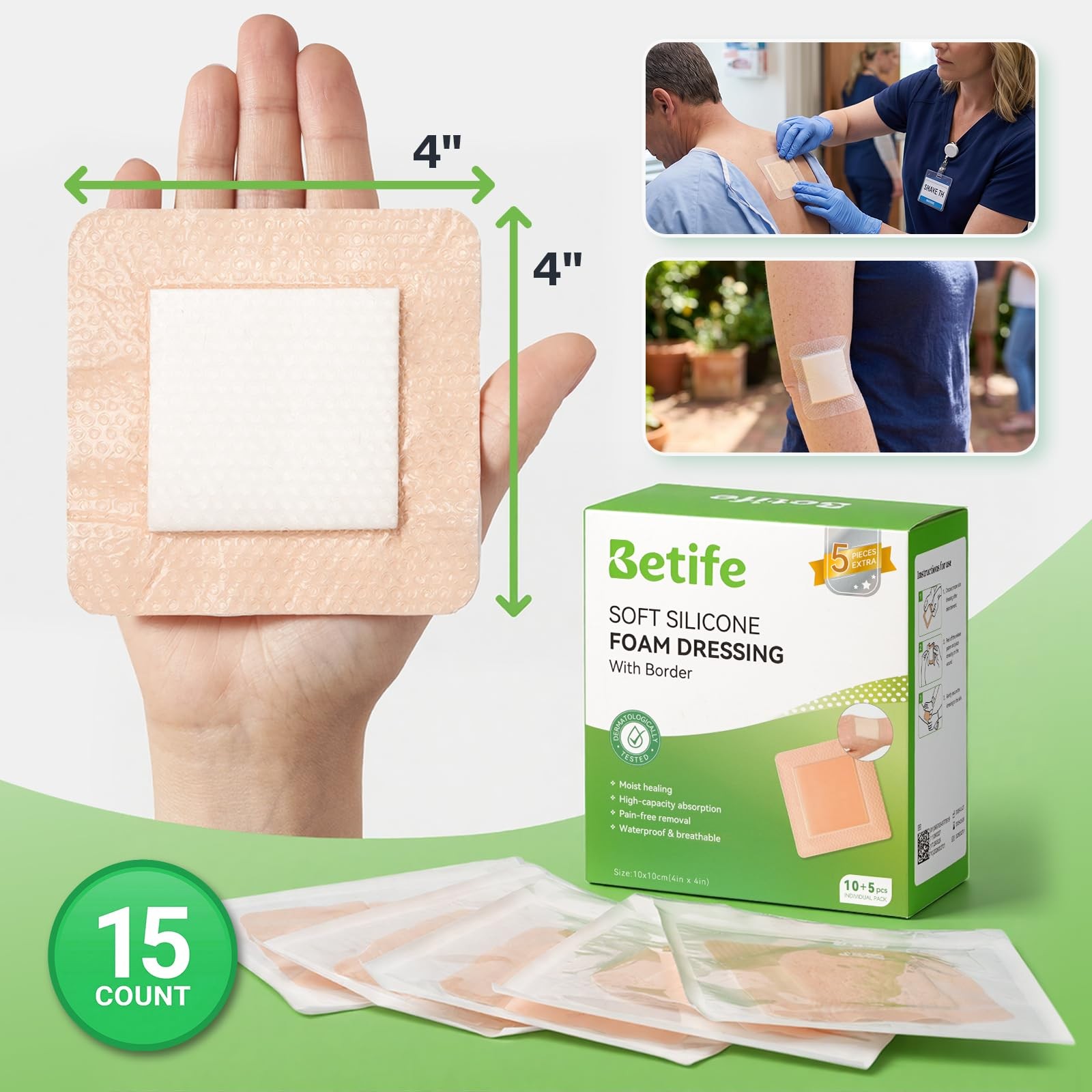 Betife Silicone Foam Dressing Adhesive Border 4×4 15ct Waterproof Wound Pad